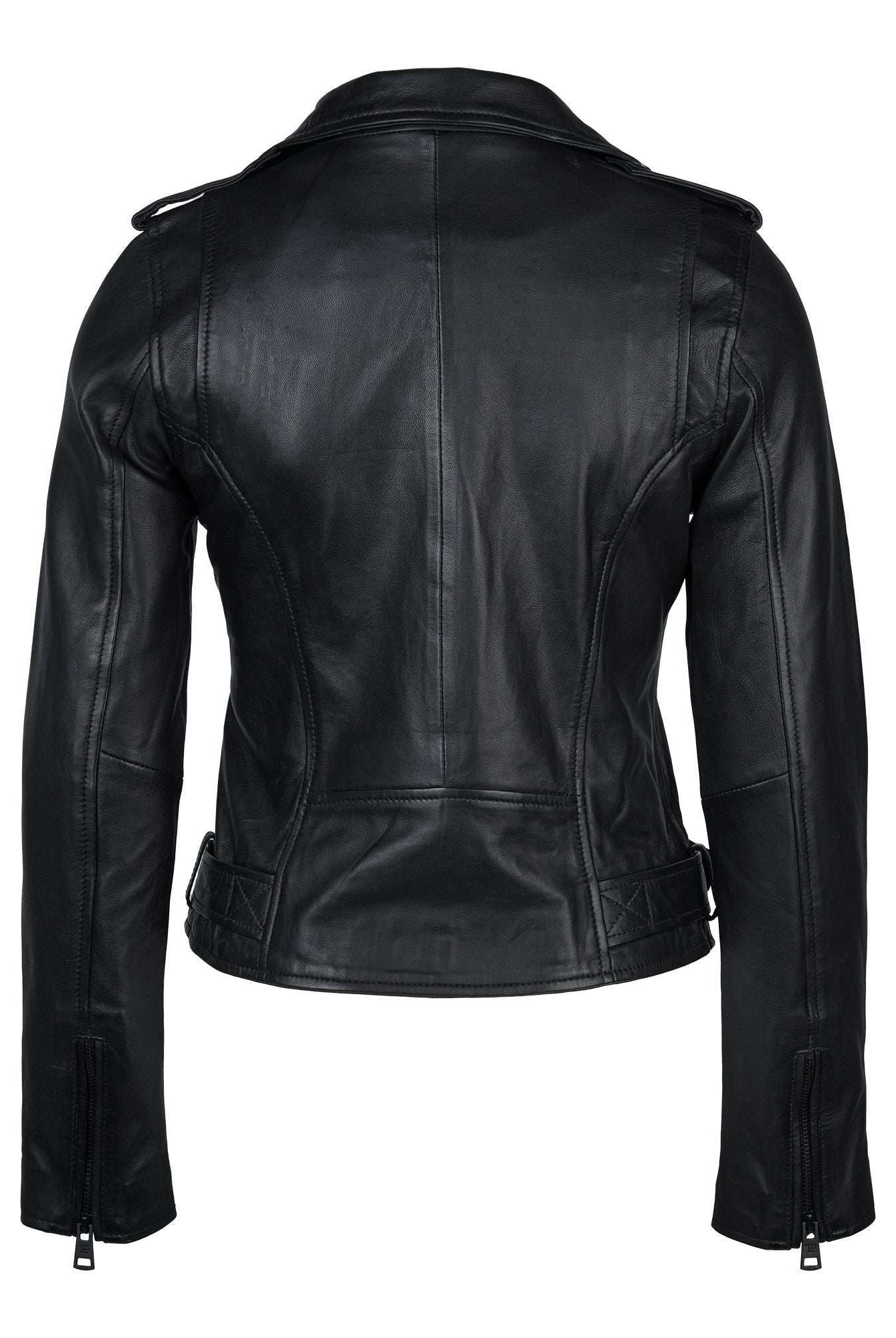 Die schwarze Trueprodigy Laura Feminine Bikerjacke mit Gürtel & Schulterriegeln zeigt sich von hinten mit langen Ärmeln, abgesteppten Einsätzen, Schulterklappen, verstellbaren Taillenriegeln und Reißverschlussbündchen - alles aus weichem Schafsleder.