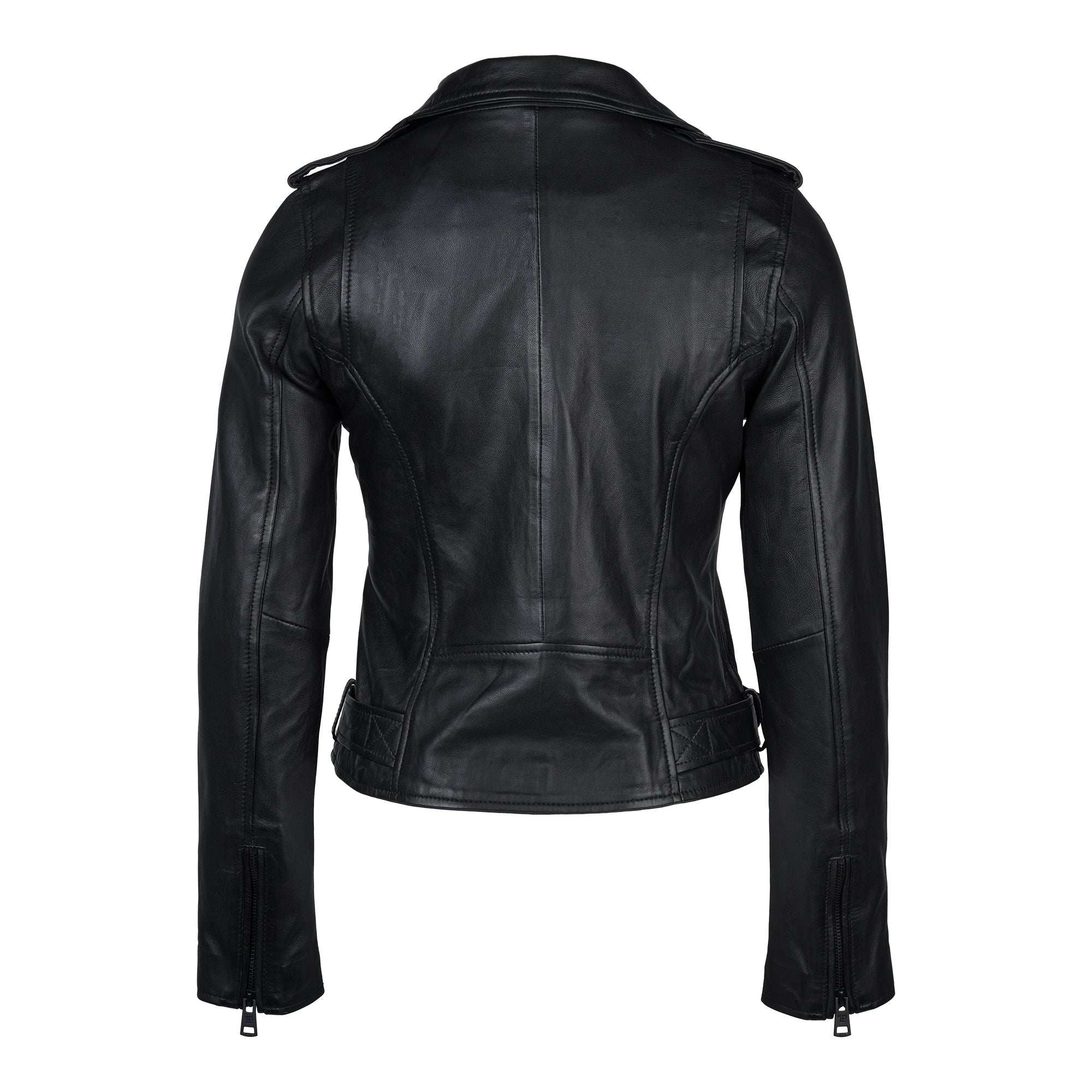 Die schwarze Trueprodigy Laura Feminine Bikerjacke mit Gürtel & Schulterriegeln zeigt sich von hinten mit langen Ärmeln, abgesteppten Einsätzen, Schulterklappen, verstellbaren Taillenriegeln und Reißverschlussbündchen - alles aus weichem Schafsleder.