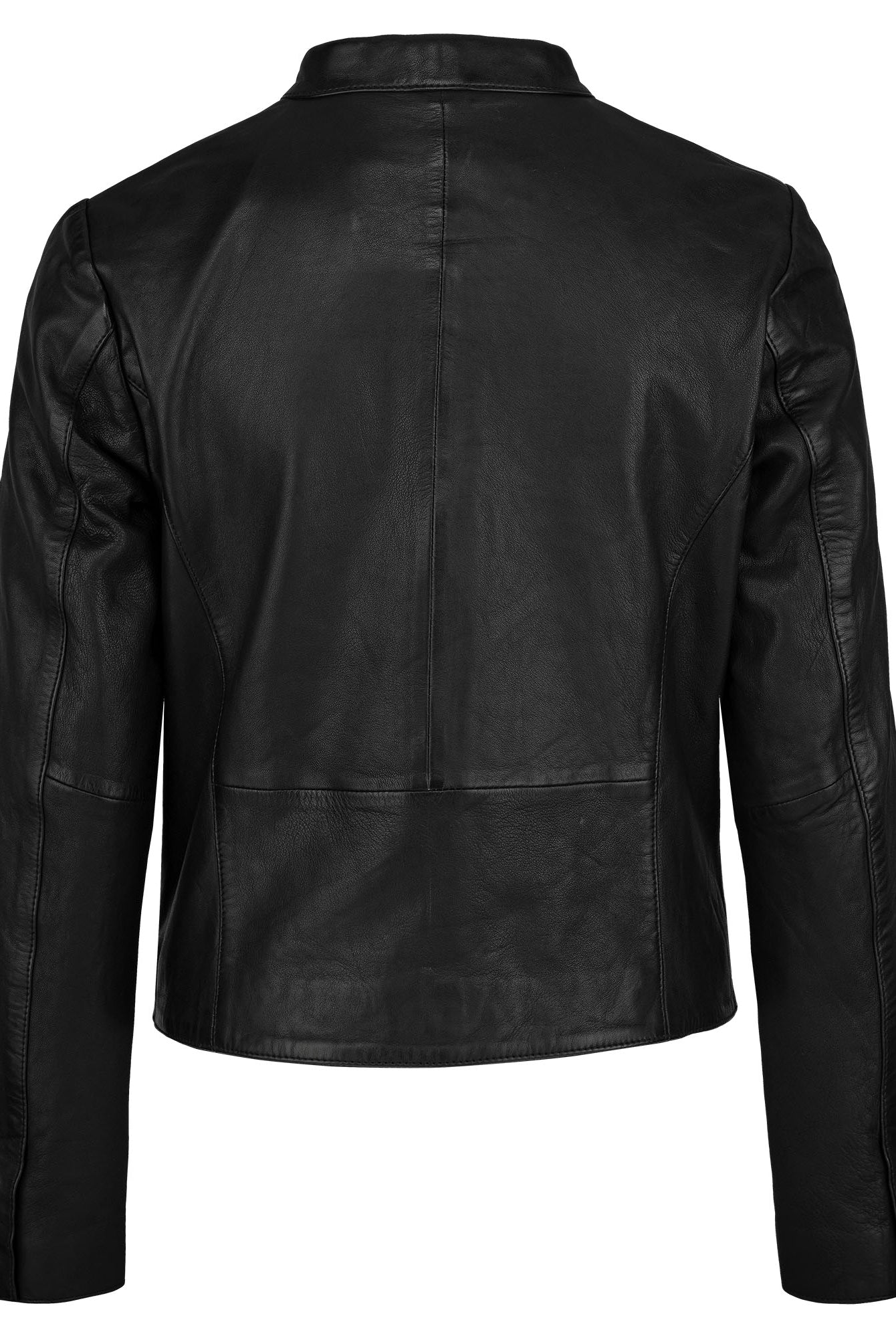 Die trueprodigy Damen Lederjacke aus Schafsleder in Schwarz besticht durch ihr minimalistisches Design, wird von hinten gezeigt und hat lange Ärmel, kurze Kragen sowie sichtbare Nahtdetails ohne Verschlüsse oder Verzierungen.