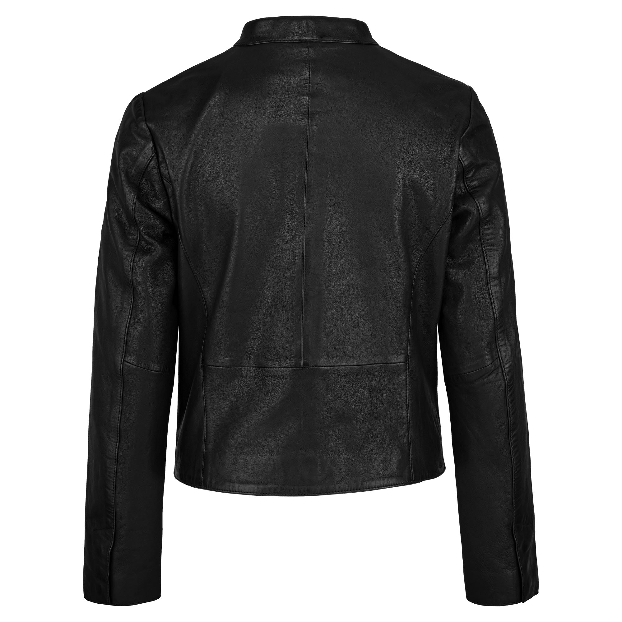 Die trueprodigy Damen Lederjacke aus Schafsleder in Schwarz besticht durch ihr minimalistisches Design, wird von hinten gezeigt und hat lange Ärmel, kurze Kragen sowie sichtbare Nahtdetails ohne Verschlüsse oder Verzierungen.