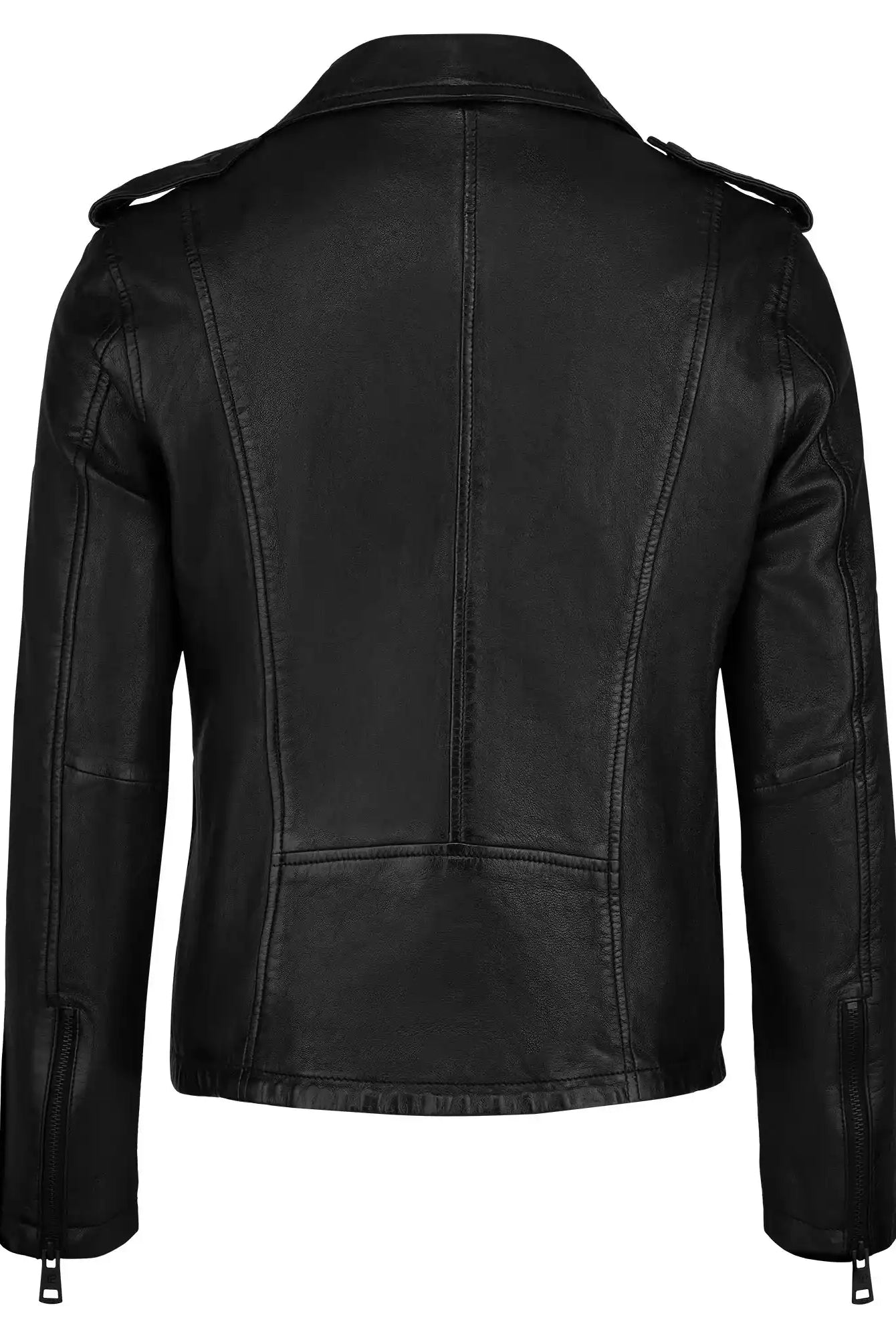 Eine trueprodigy Damen Lederjacke aus Schafsleder in Schwarz im klassischen Biker-Stil, von hinten gezeigt mit sichtbaren Nähten, Schulterriegeln und Reißverschluss-Ärmeln, überzeugt durch ihre figurbetonte Passform.