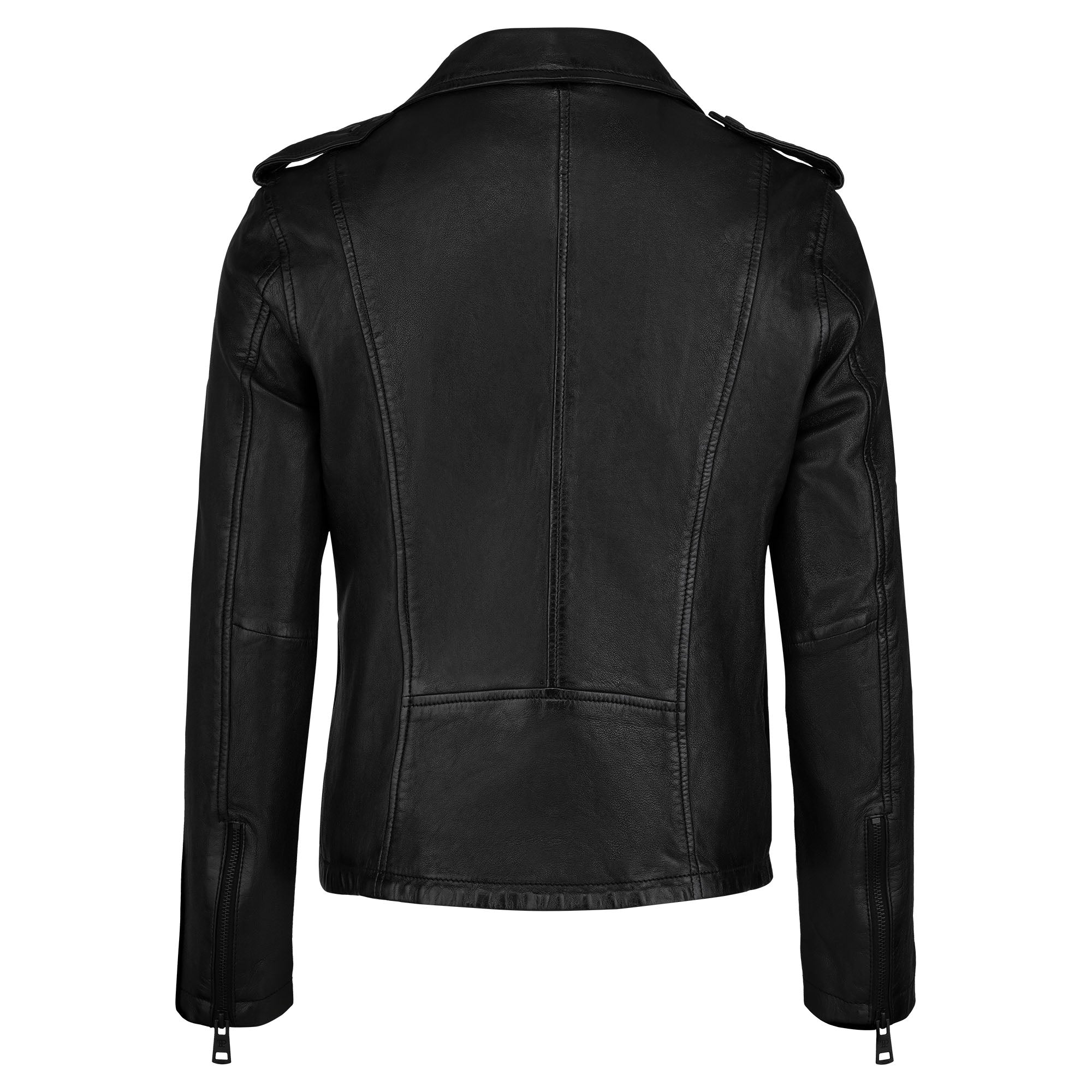 Eine trueprodigy Damen Lederjacke aus Schafsleder in Schwarz im klassischen Biker-Stil, von hinten gezeigt mit sichtbaren Nähten, Schulterriegeln und Reißverschluss-Ärmeln, überzeugt durch ihre figurbetonte Passform.