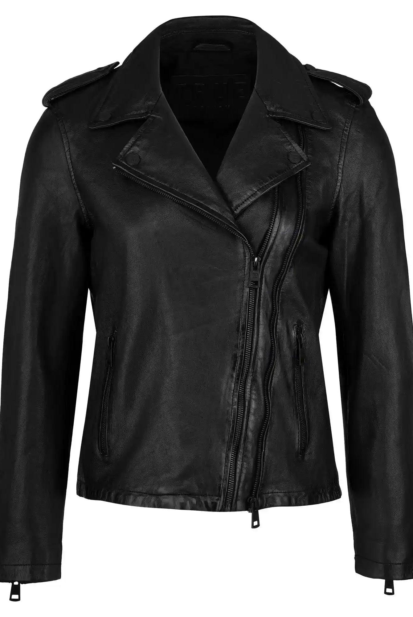 Die Damen Lederjacke aus Schafsleder in Schwarz von trueprodigy im klassischen Biker-Stil präsentiert sich mit asymmetrischem Zipper, zwei Fronttaschen, Schulterriegeln und Kragen mit Druckknöpfen auf weißem Hintergrund.