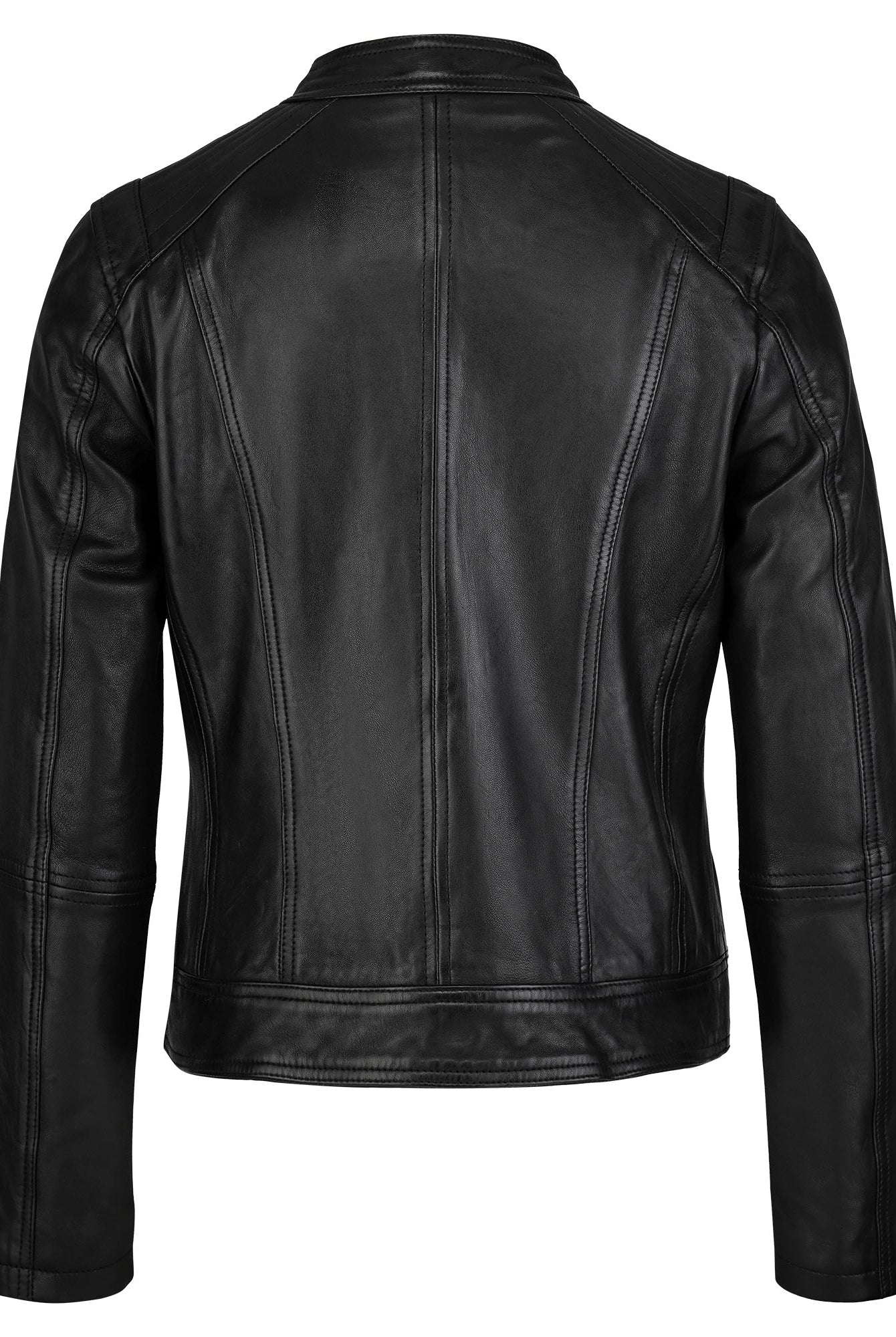 Die trueprodigy Damen Lederjacke aus Schafsleder in Schwarz im modernen Café-Racer-Stil wird von hinten gezeigt und besticht durch Nahtdetails an Schultern, Ärmeln und Rücken, Langarm-Design und einen geraden Saum für eine feminine Silhouette.