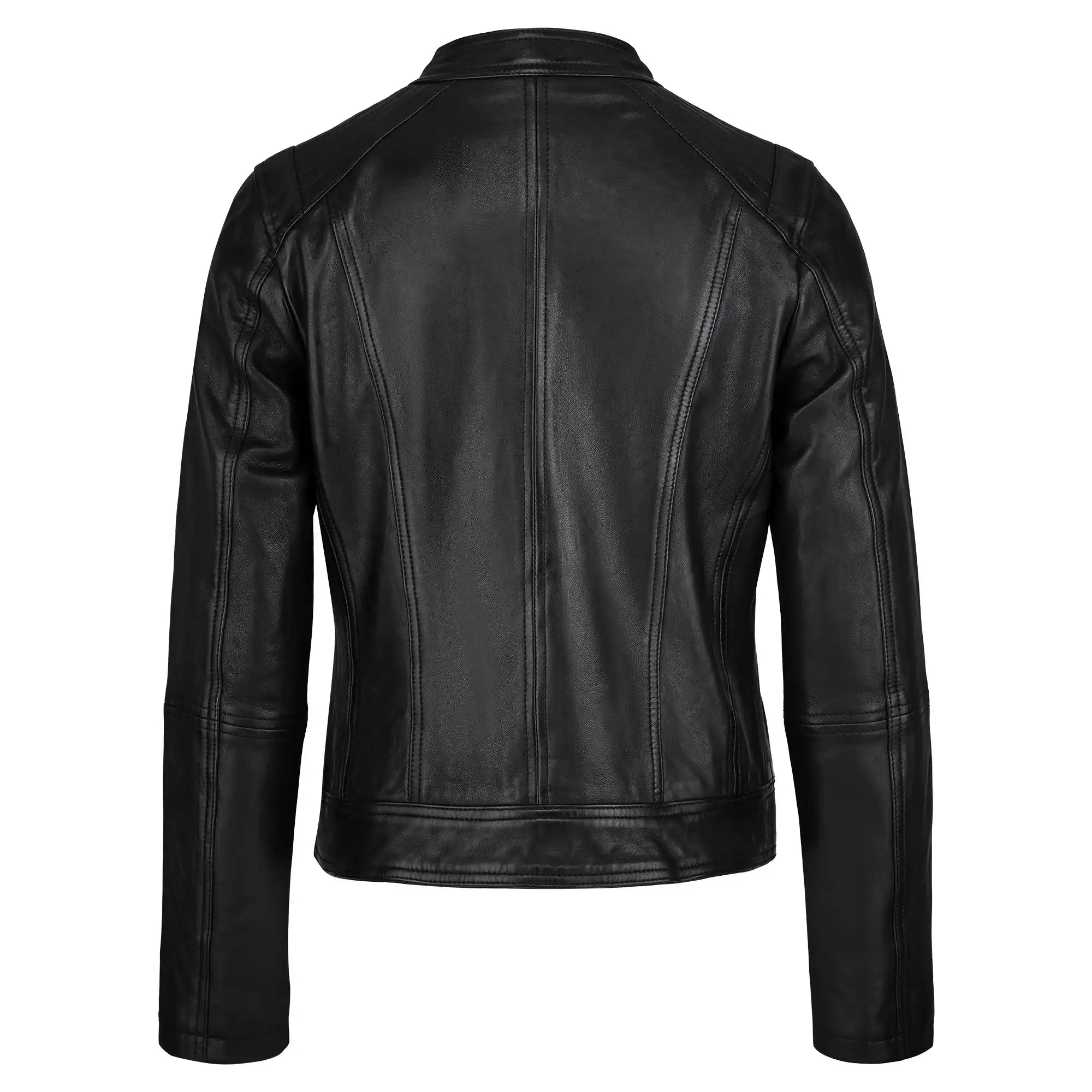 Die trueprodigy Damen Lederjacke aus Schafsleder in Schwarz im modernen Café-Racer-Stil wird von hinten gezeigt und besticht durch Nahtdetails an Schultern, Ärmeln und Rücken, Langarm-Design und einen geraden Saum für eine feminine Silhouette.