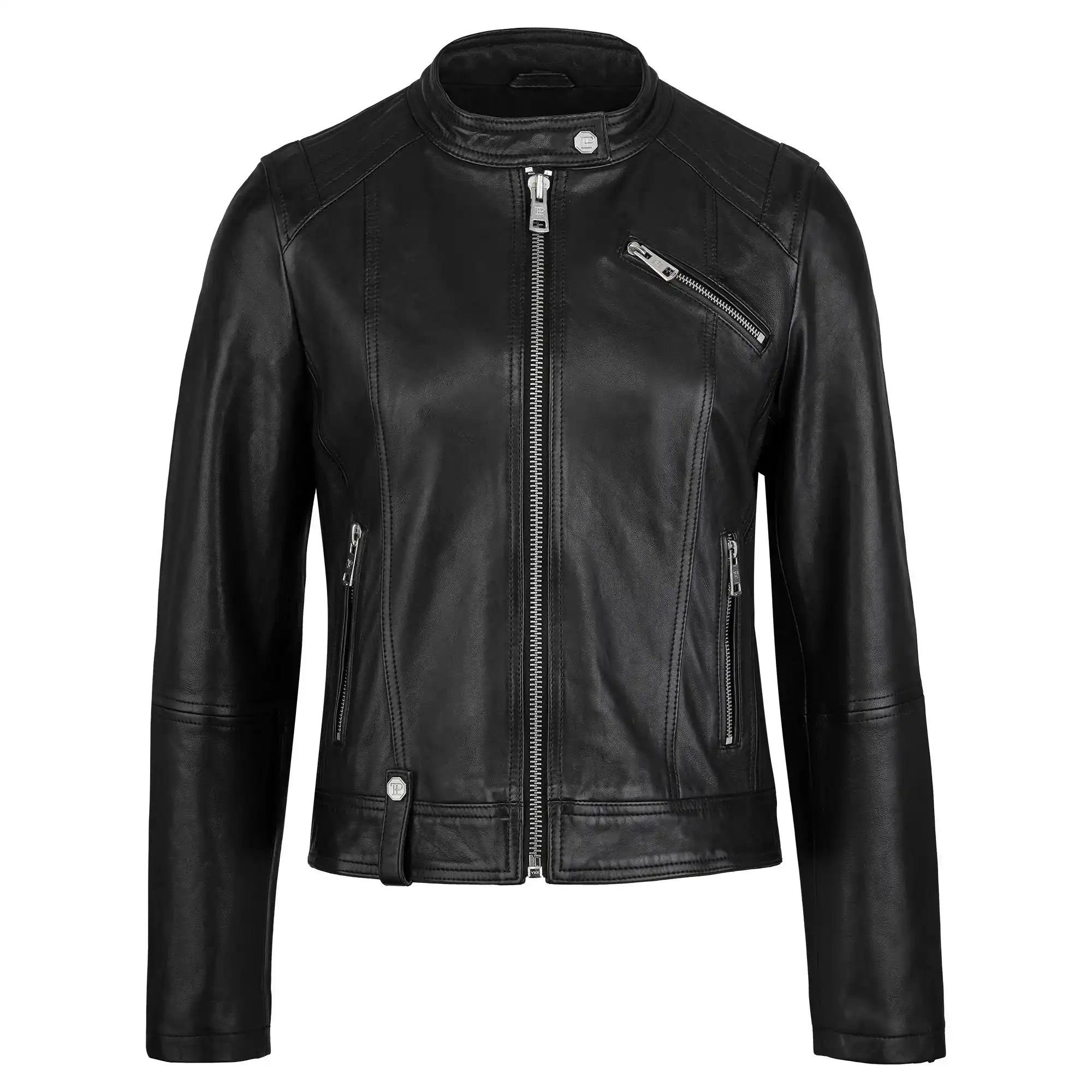 Die trueprodigy Damen Lederjacke aus Schafsleder in Schwarz im modernen Café-Racer-Stil überzeugt mit Frontreißverschluss, zwei Seiten- und einer Brusttasche mit Reißverschluss, Druckknopfkragen und tailliertem Schnitt.