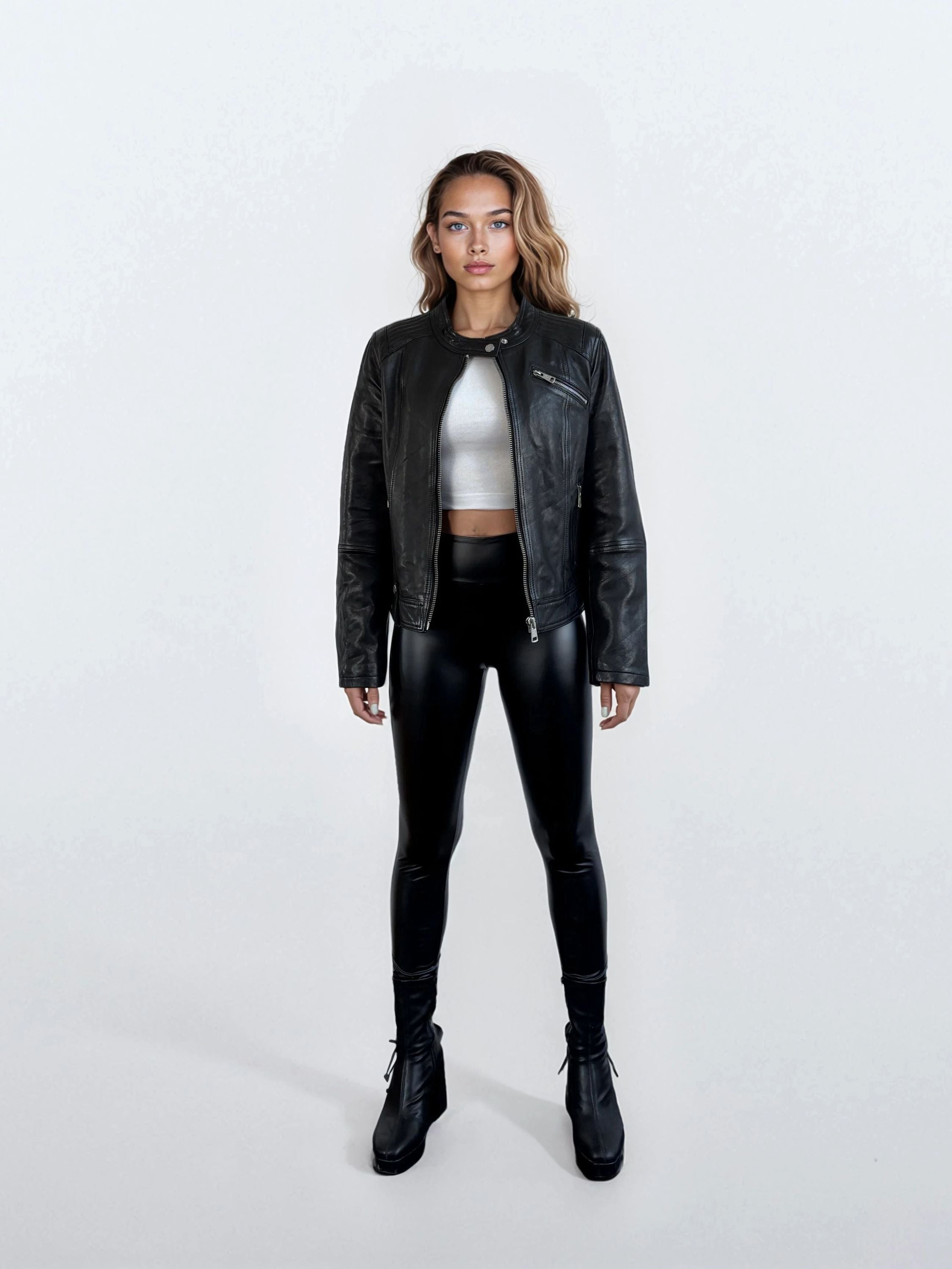 Eine Person trägt die trueprodigy Damen Lederjacke aus Schafsleder in Schwarz im modernen Café-Racer-Stil, dazu ein weißes Crop-Top, glänzende schwarze Leggings und schwarze Ankle Boots vor hellem Hintergrund.