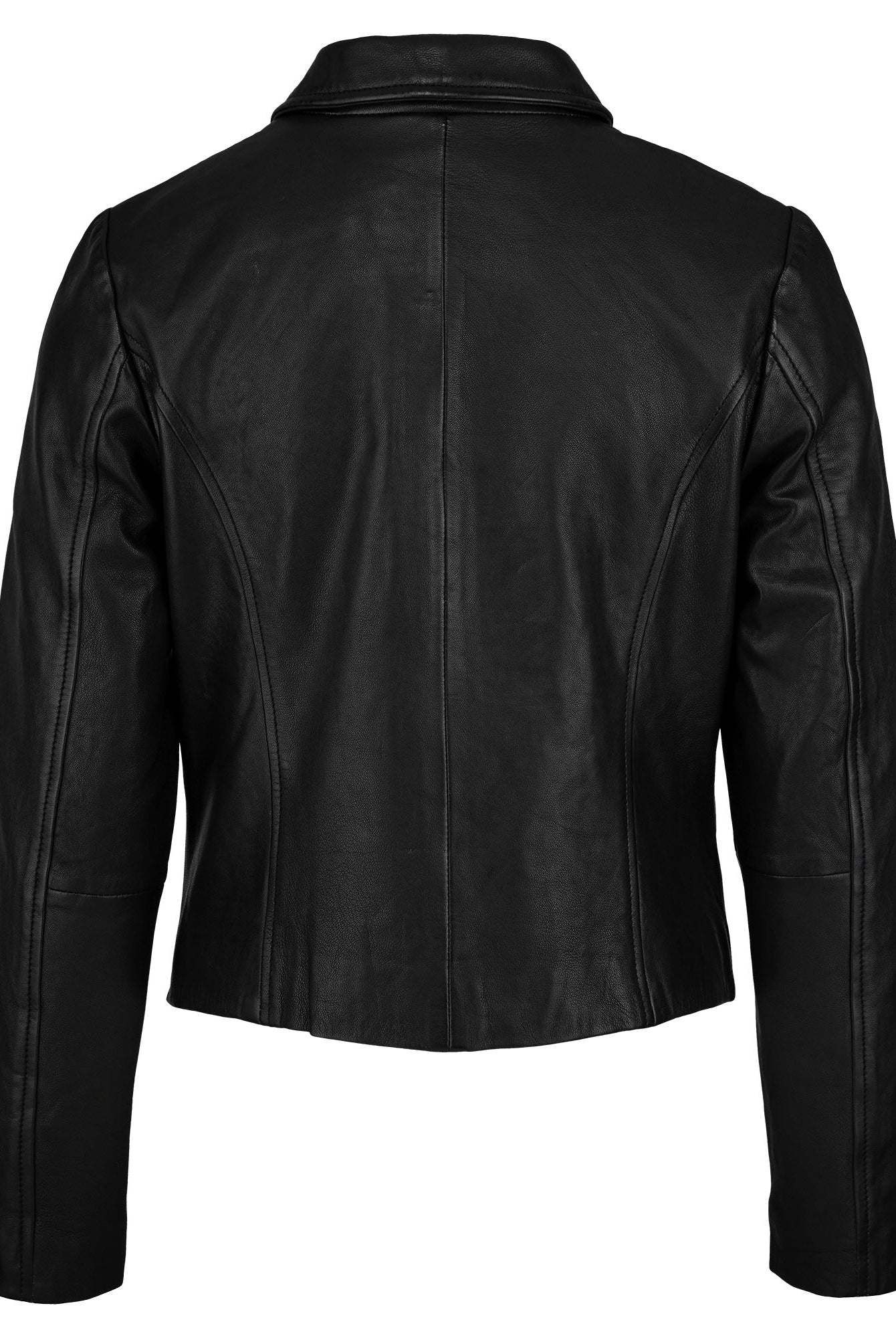 Die Damen Lederjacke aus Schafsleder in Schwarz von trueprodigy zeigt sich im minimalistischen Blouson-Stil mit langen Ärmeln, kurzem Schnitt, schlichtem Kragen und sichtbaren vertikalen sowie horizontalen Nähten.