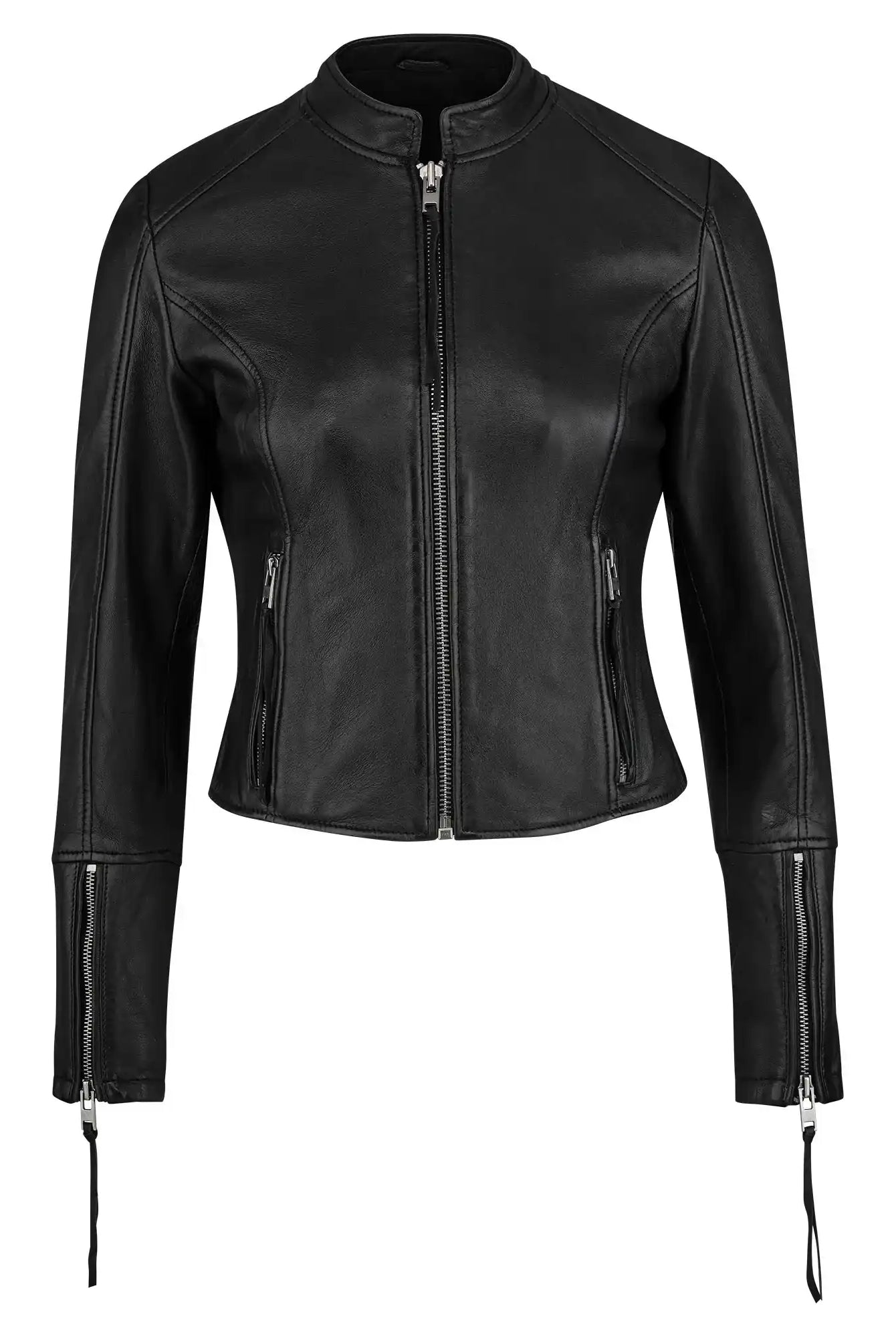 Die Damen Lederjacke aus Schafsleder in Schwarz von trueprodigy überzeugt im sportlichen Racing-Stil mit figurbetonter, kurzer, kragenloser Form, Frontreißverschluss sowie Zippern an den Bündchen.