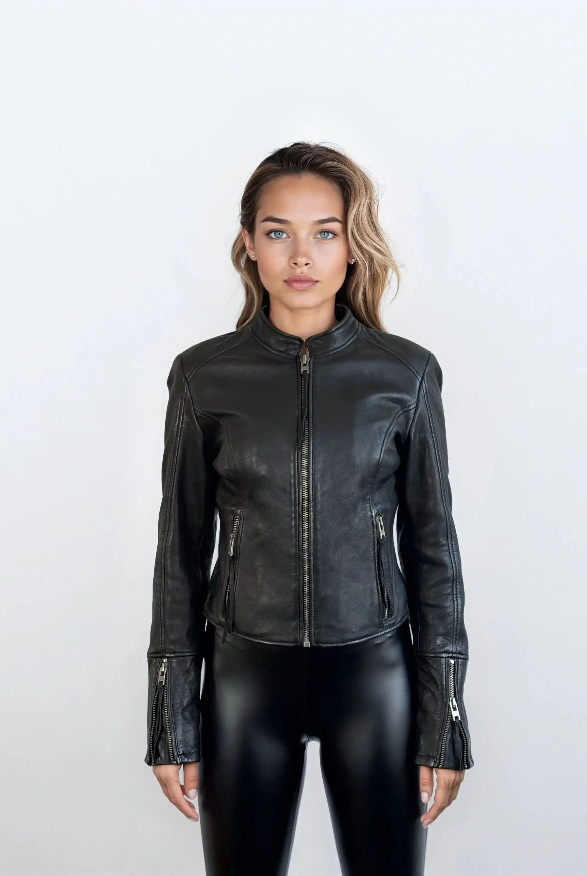 Eine Frau mit offenem Haar und neutralem Gesichtsausdruck steht vor einem schlichten hellen Hintergrund vor der Kamera. Sie trägt die trueprodigy Damen Lederjacke aus Schafsleder in Schwarz im sportlichen Racing-Stil und eine glänzende schwarze Hose.