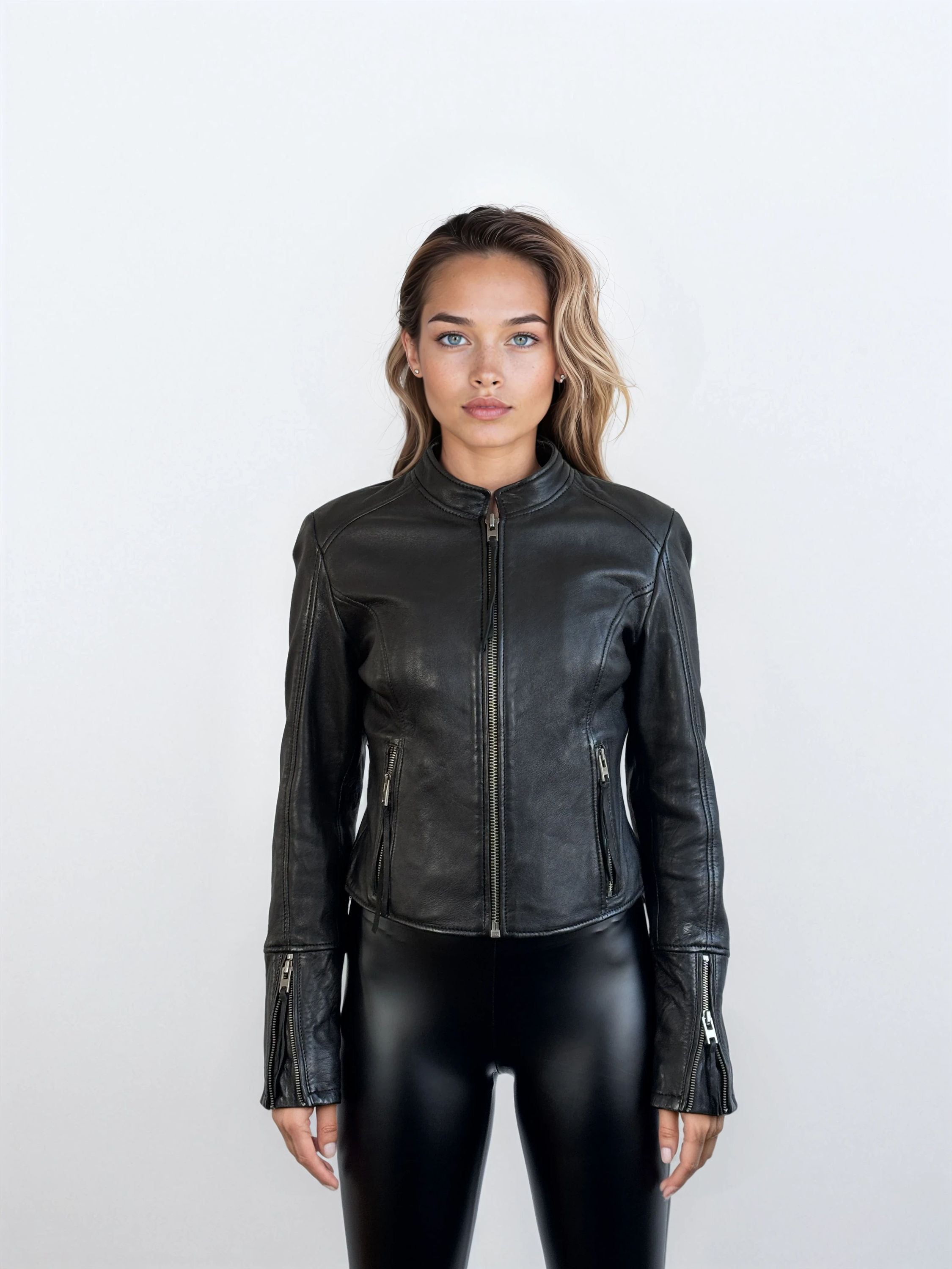 Eine Frau mit offenem Haar und neutralem Gesichtsausdruck steht vor einem schlichten hellen Hintergrund vor der Kamera. Sie trägt die trueprodigy Damen Lederjacke aus Schafsleder in Schwarz im sportlichen Racing-Stil und eine glänzende schwarze Hose.