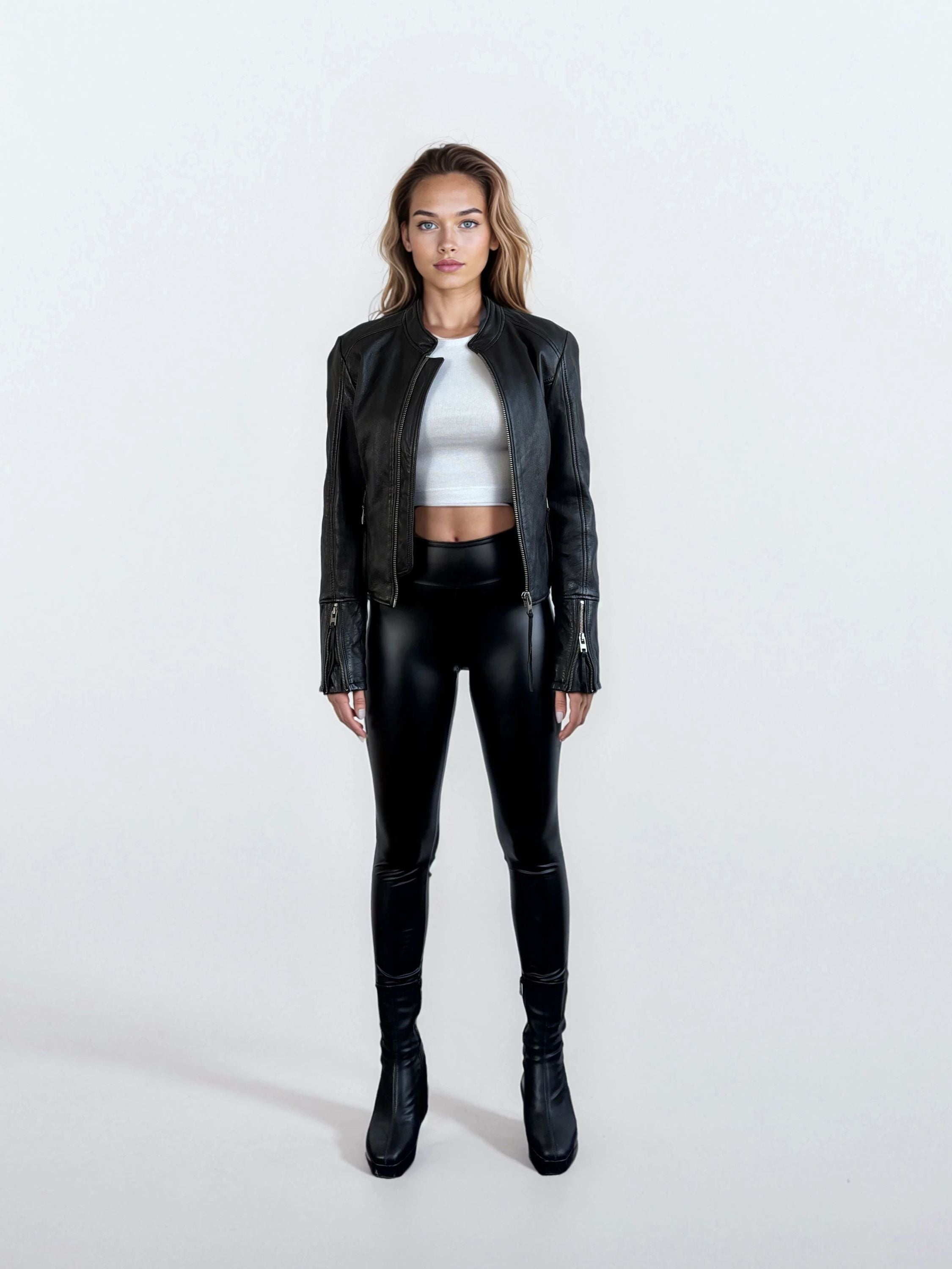 Eine Frau trägt eine schwarze Damen Lederjacke aus Schafsleder im sportlichen Racing-Stil von trueprodigy, kombiniert mit weißem Crop-Top, glänzenden Leggings und schwarzen Stiefeletten vor weißem Hintergrund.