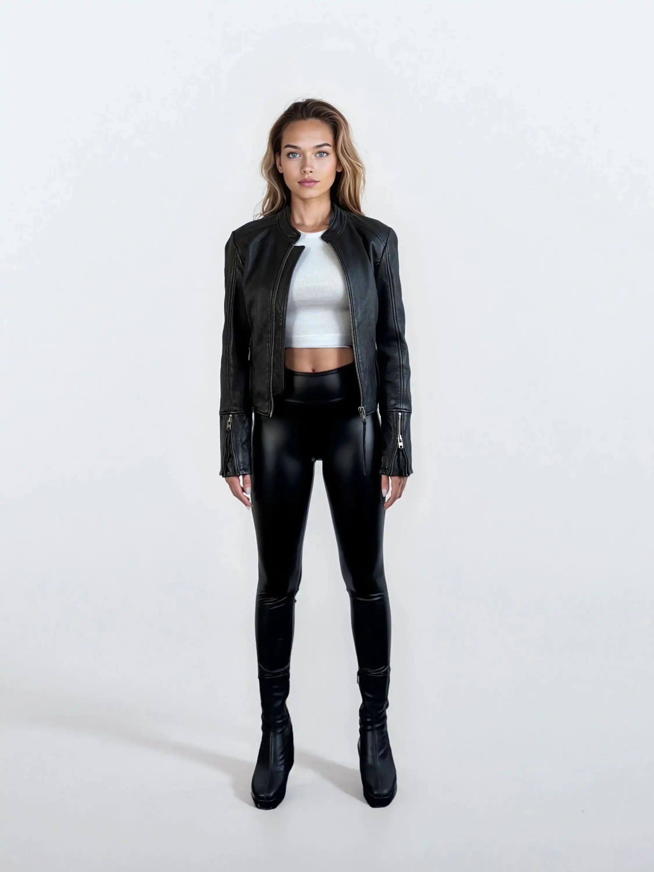 Eine Frau trägt eine schwarze Damen Lederjacke aus Schafsleder im sportlichen Racing-Stil von trueprodigy, kombiniert mit weißem Crop-Top, glänzenden Leggings und schwarzen Stiefeletten vor weißem Hintergrund.