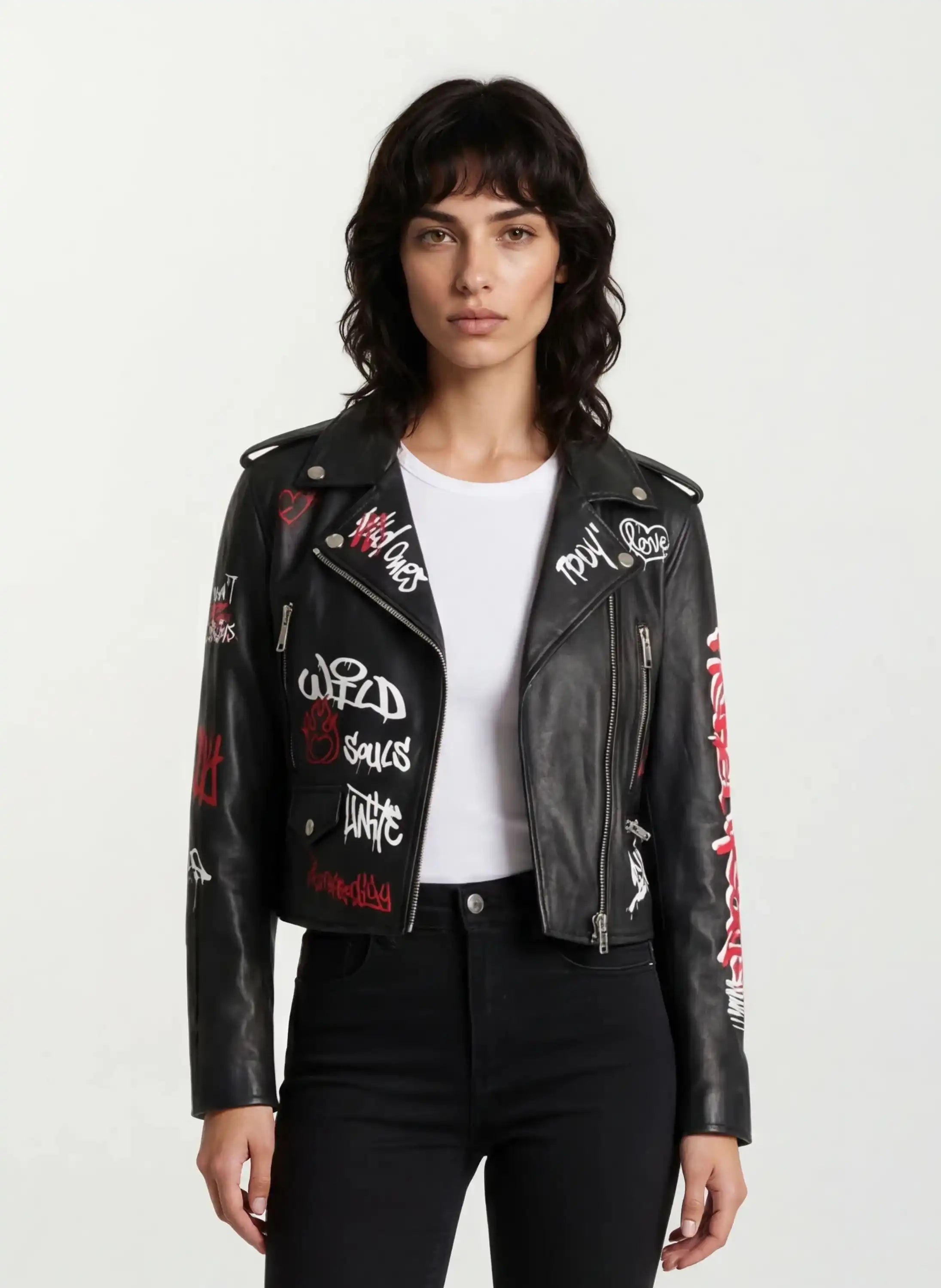 Eine Person mit schulterlangen dunklen Haaren trägt die trueprodigy Feminine Lederjacke mit Grafittiprint und Reißverschluss über einem schlichten weißen T-Shirt und steht vor einem schlichten hellen Hintergrund.
