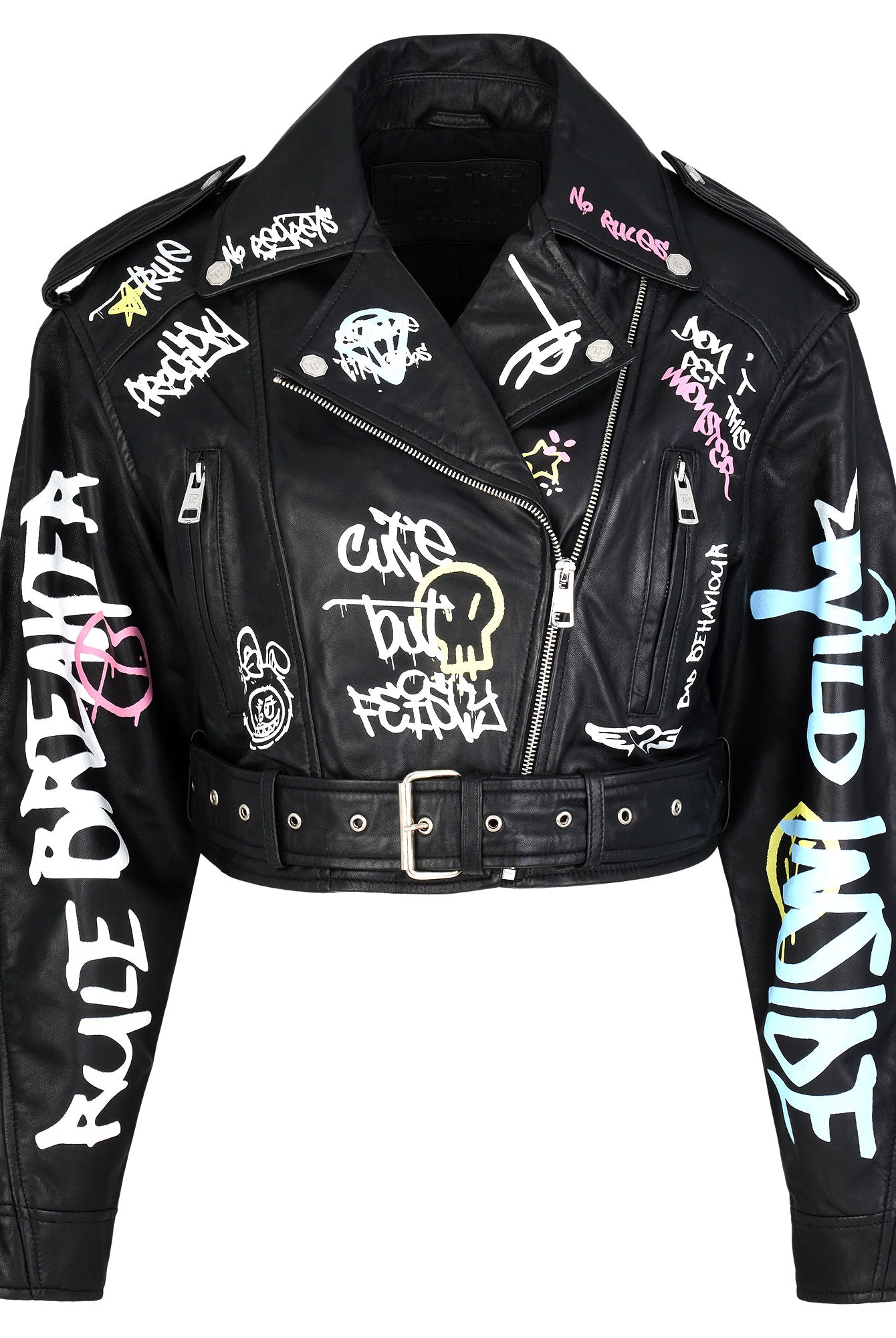 Die trueprodigy Oversize Lederjacke mit Grafittiprint und Gürtel ist eine schwarze Damenjacke im Cropped-Stil, verziert mit bunten Graffiti-Prints auf Front, Ärmeln und Kragen - für einen auffälligen Streetwear-Look.