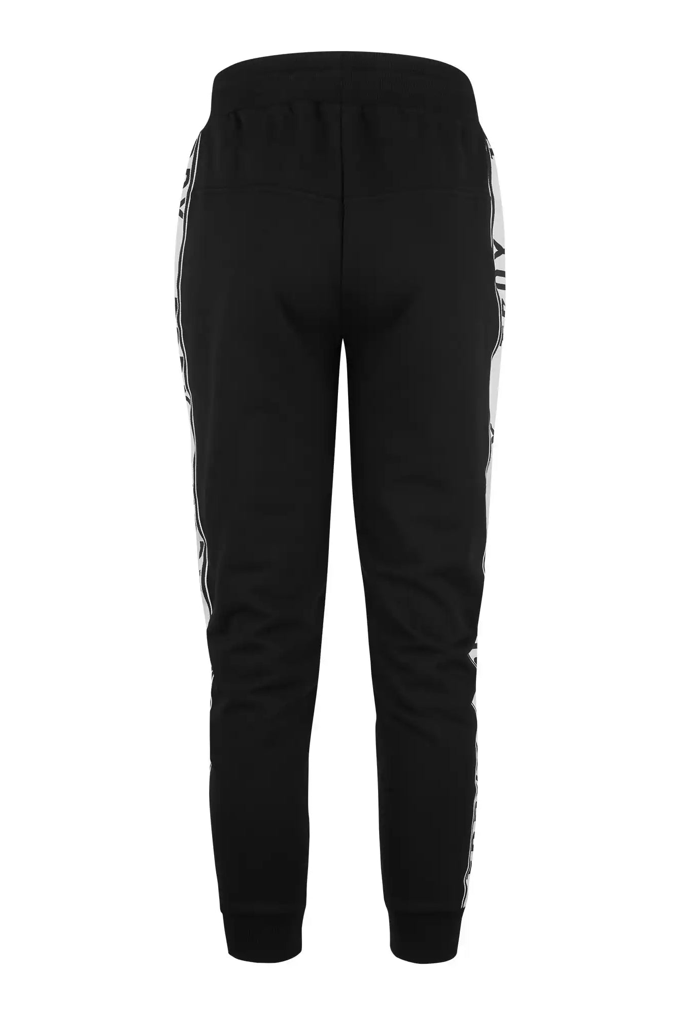 Weston Sweathose mit Logoschrift von trueprodigy, Regular Fit, fotografiert von hinten mit elastischem Bund und Bündchen. Kontraststreifen mit schwarzem Text verlaufen seitlich an den Beinen. Hintergrund: schlichtes Weiß.