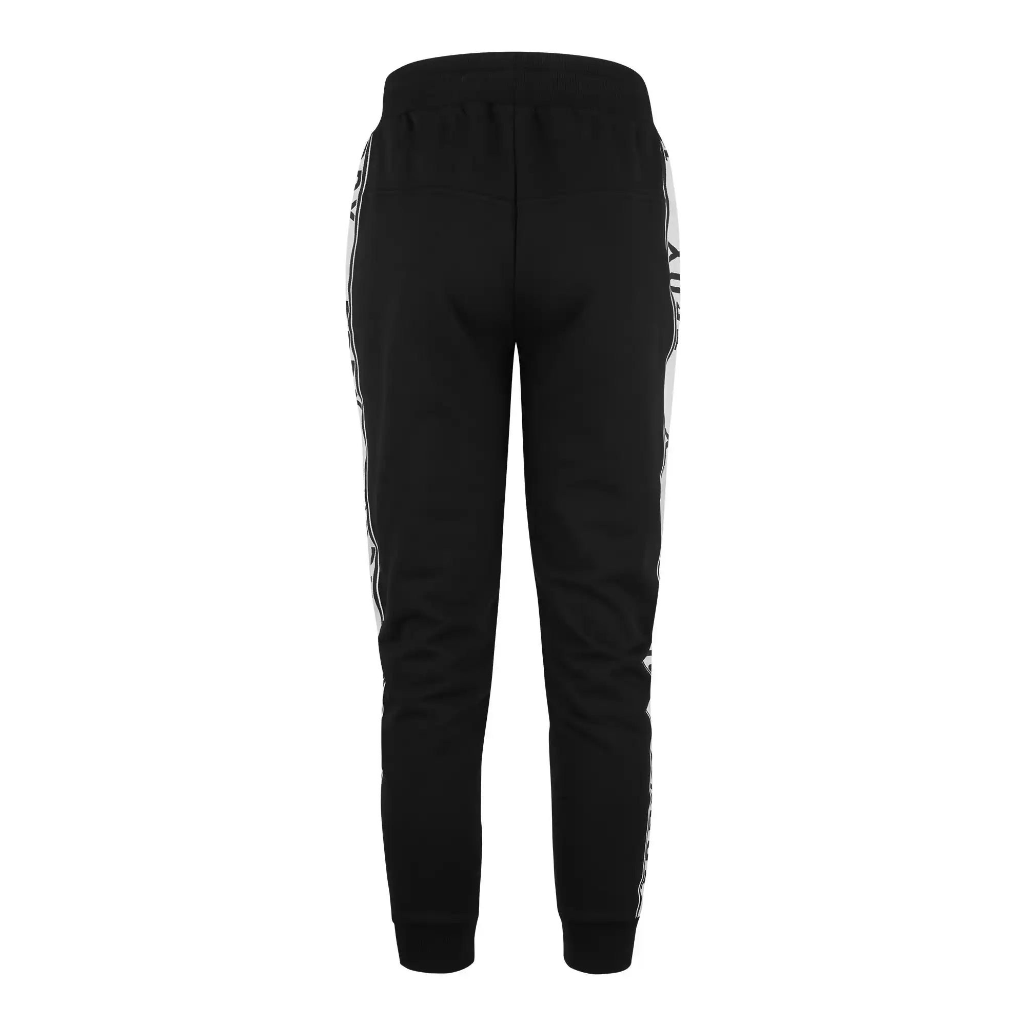 Weston Sweathose mit Logoschrift von trueprodigy, Regular Fit, fotografiert von hinten mit elastischem Bund und Bündchen. Kontraststreifen mit schwarzem Text verlaufen seitlich an den Beinen. Hintergrund: schlichtes Weiß.