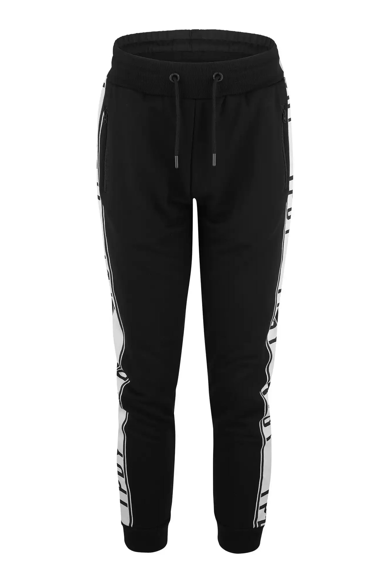 Die Weston Sweathose mit Logoschrift von trueprodigy ist eine schwarze Regular Fit Jogginghose mit elastischem Bund, Kordelzug, stilvollen Kontraststreifen mit schwarzem Text und gerippten Bündchen für einen modernen, schmal zulaufenden Look.