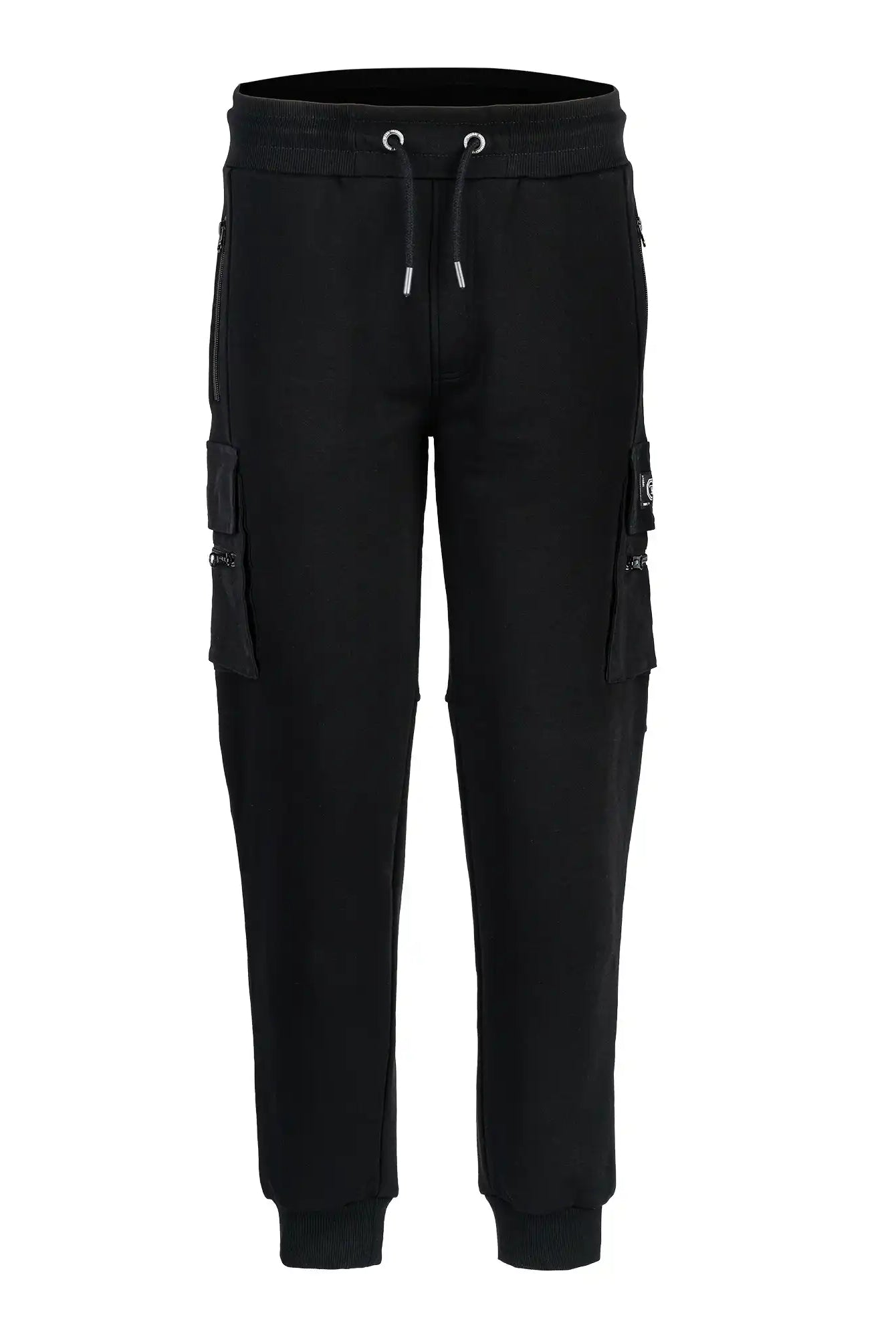 Die trueprodigy George Cargo Sweathose für Männer hat eine bequeme, reguläre Passform mit elastischem Bund, Kordelzug, Bündchen an den Knöcheln und mehrere Seitentaschen mit Reißverschluss. Sie ist auf weißem Hintergrund abgebildet.