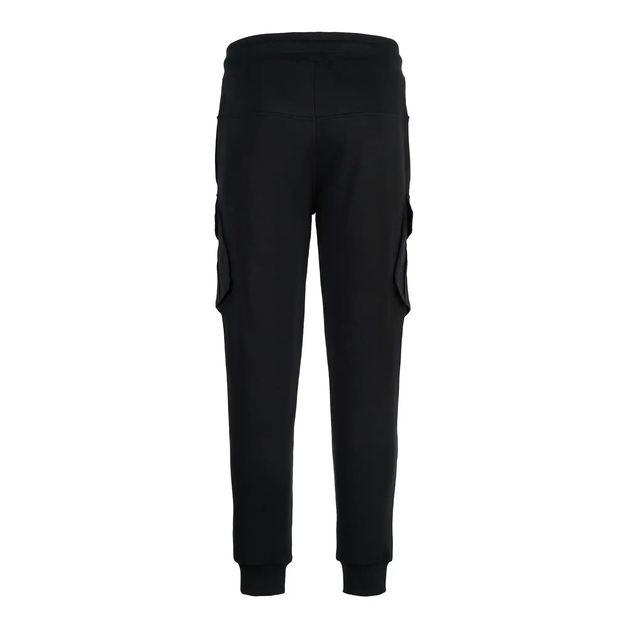 Die Stan Sweathose mit Cargotaschen von trueprodigy ist eine schwarze Cargo-Jogginghose für Männer, hier von hinten. Sie hat eine normale Passform, einen elastischen Bund, seitliche Cargotaschen, gerippte Knöchelbündchen und einen weichen, leicht dehnbaren Stoff.