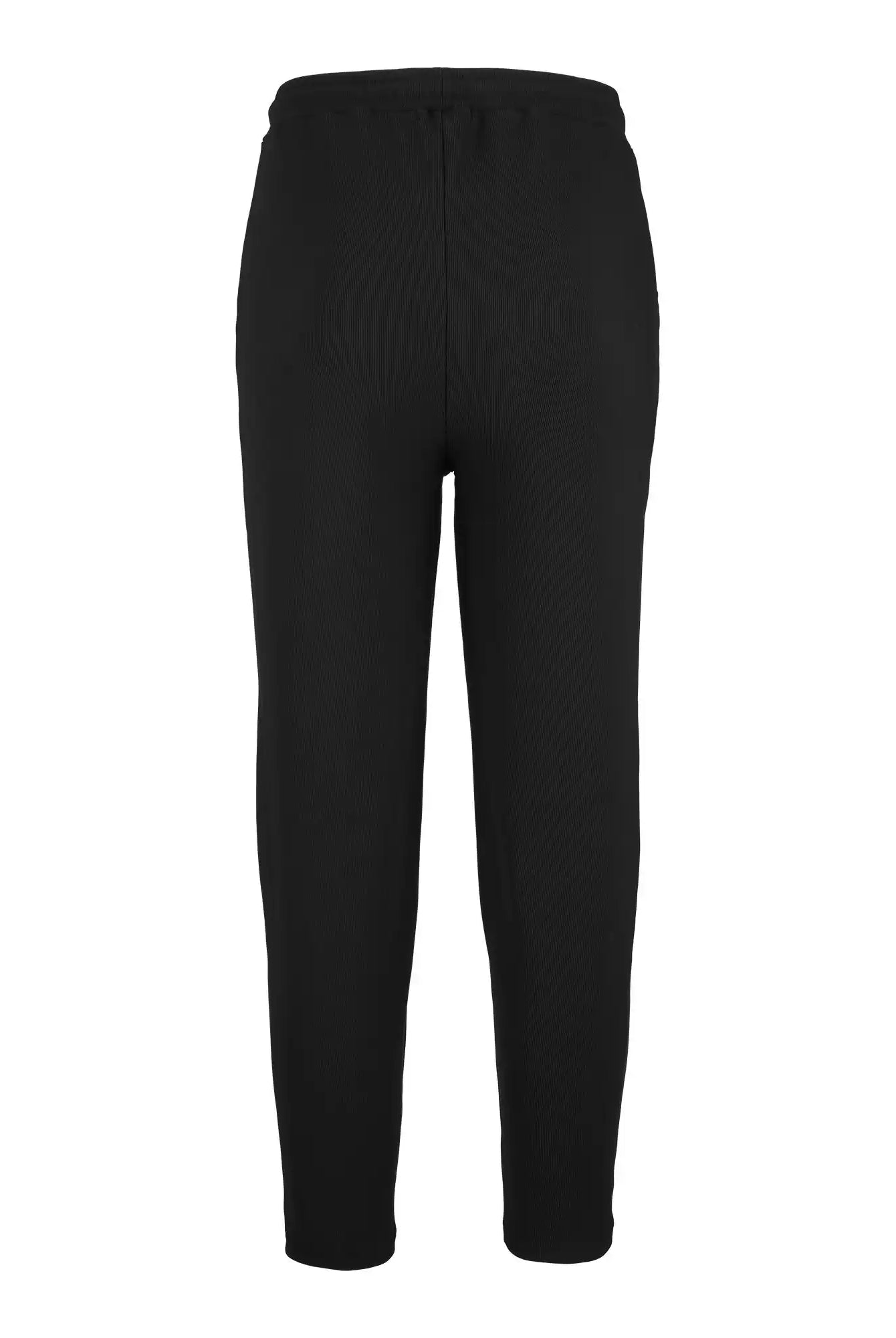 Der schwarze trueprodigy Ewan Jogger mit Stickerei zeigt sich von hinten mit einem elastischen Bund und spitz zulaufenden Beinen, dargestellt auf einem schlichten weißen Hintergrund.