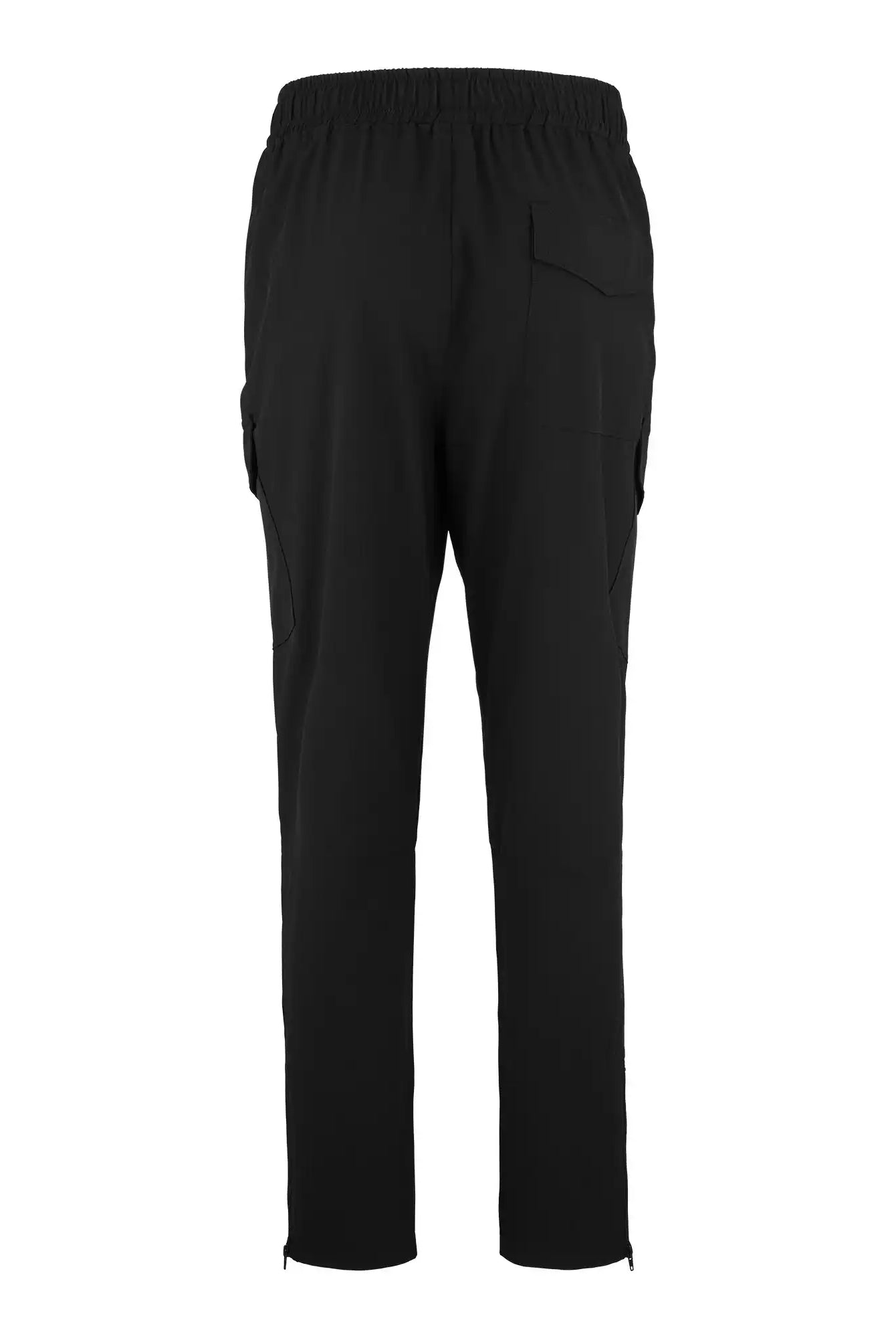 Rückansicht der trueprodigy Jonny Leichte Cargo-Trainingshose für Herren in schwarz, mit elastischem Bund, seitlichen Eingrifftaschen, einer Gesäßtasche rechts und geradem Bein in Regular Fit.