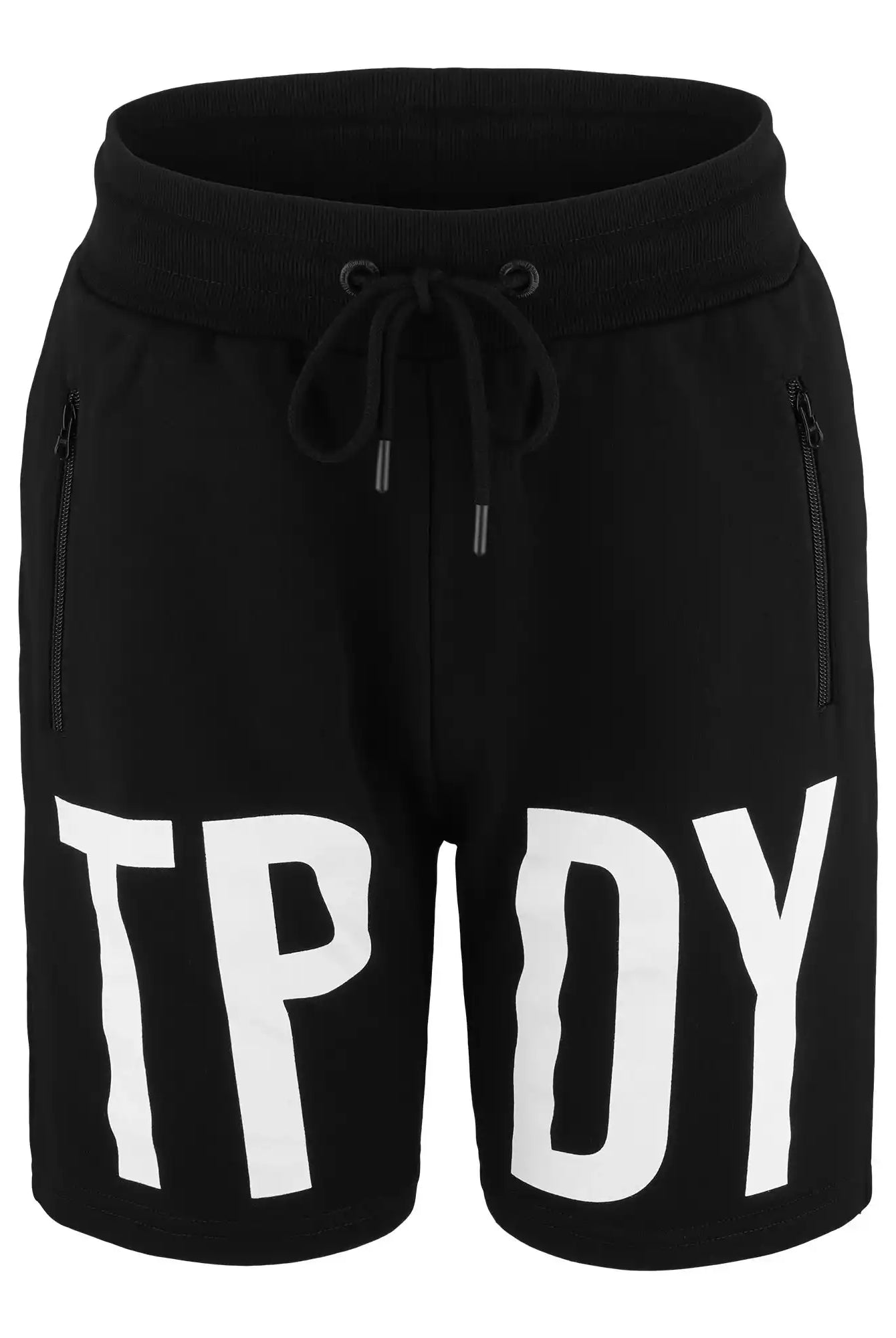 Die Walden Sweatshort mit Print von trueprodigy hat schwarzen Stoff, seitliche Reißverschlusstaschen und einen auffälligen weißen TPDY-Schriftzug auf der Vorderseite - ein moderner Schnitt für Sweatshorts Herren, die auffallen wollen.