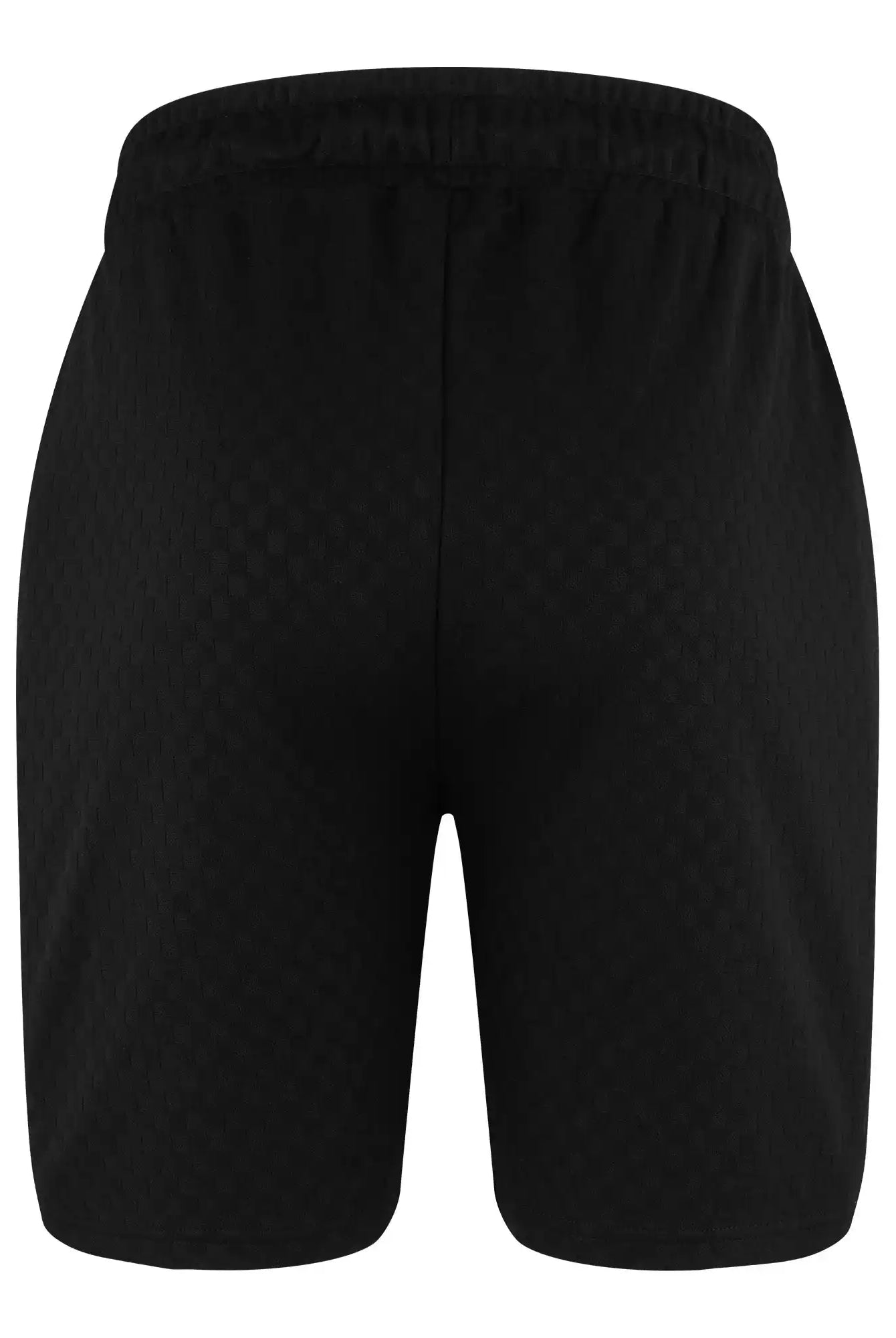 Die trueprodigy James Short mit Stickerei für Herren zeigt sich von hinten, mit einem elastischen Bund und dezentem Schachbrettmuster. Diese knielangen Shorts bieten ein einfaches, sportliches Design für einen vielseitigen Stil.