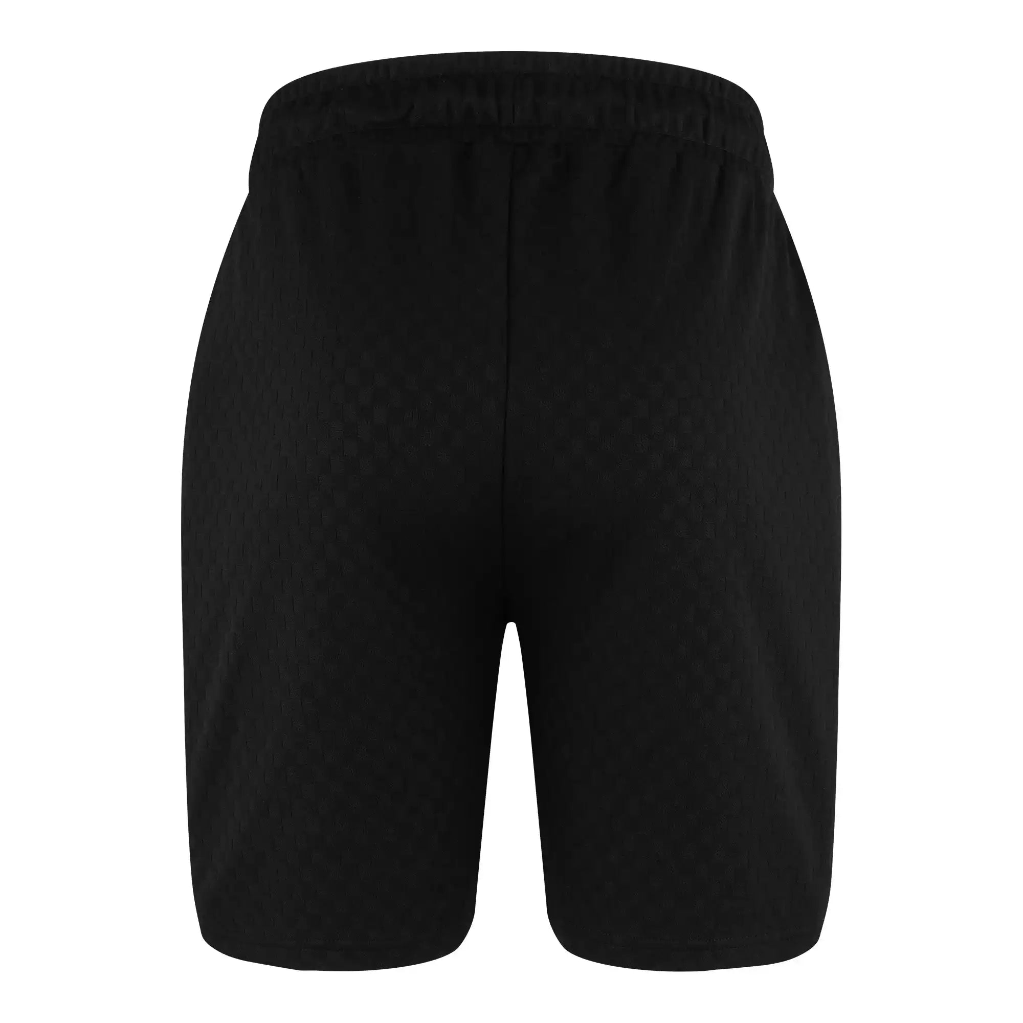 Die trueprodigy James Short mit Stickerei für Herren zeigt sich von hinten, mit einem elastischen Bund und dezentem Schachbrettmuster. Diese knielangen Shorts bieten ein einfaches, sportliches Design für einen vielseitigen Stil.