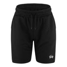 Die trueprodigy James Short mit Stickerei hat ein schwarzes, sportliches Design, einen elastischen Bund, einen Kordelzug, ein dezentes Schachbrettmuster und ein kleines weißes Ipoly-Logo am unteren linken Bein. Auf weißem Hintergrund abgebildet.