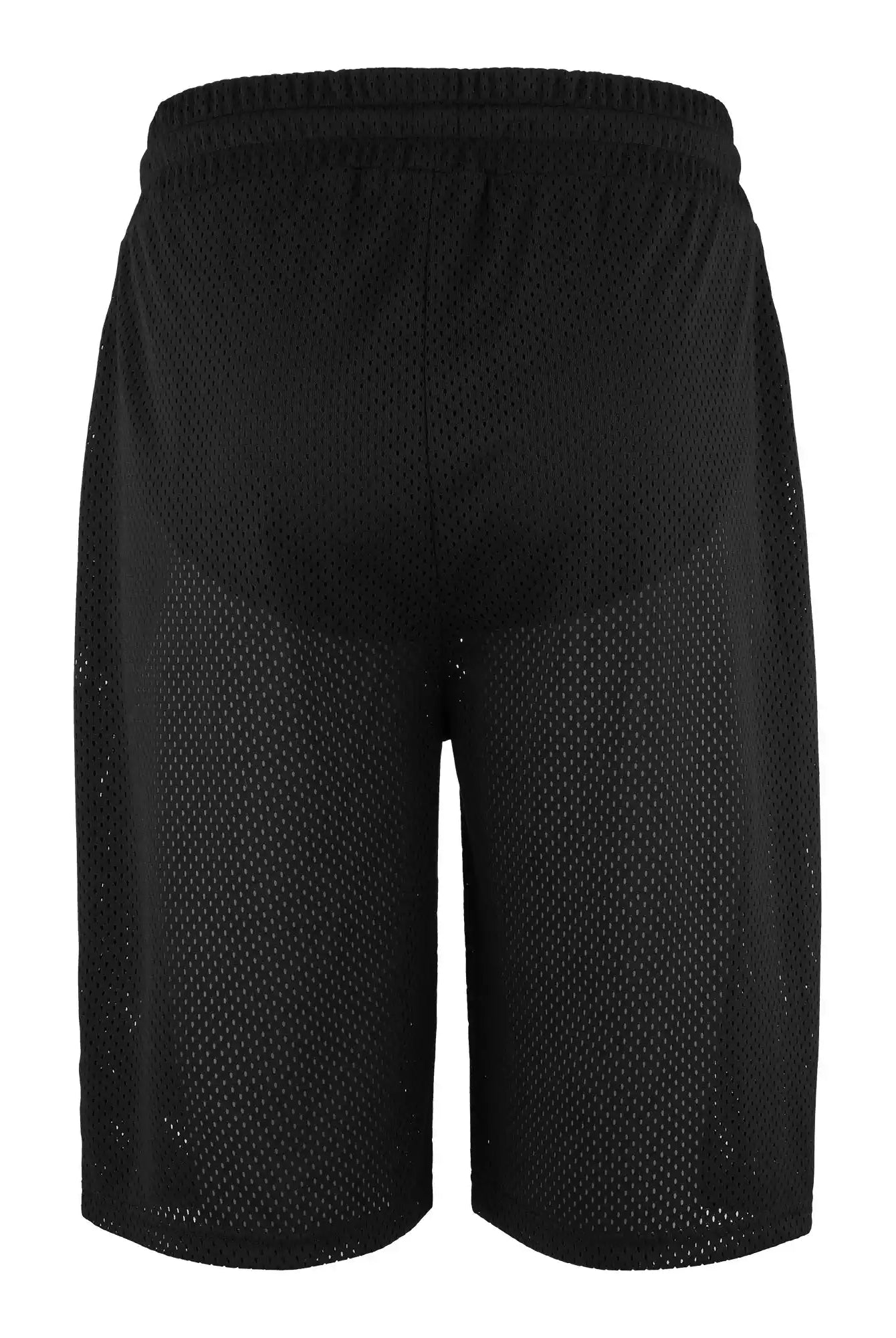 Die Allen Short aus Mesh von trueprodigy zeigt sich von hinten in Schwarz mit einem elastischen Bund und einer lockeren Passform für atmungsaktiven Komfort. Sie ist aus perforiertem Mesh-Gewebe auf einem schlichten weißen Hintergrund gefertigt.