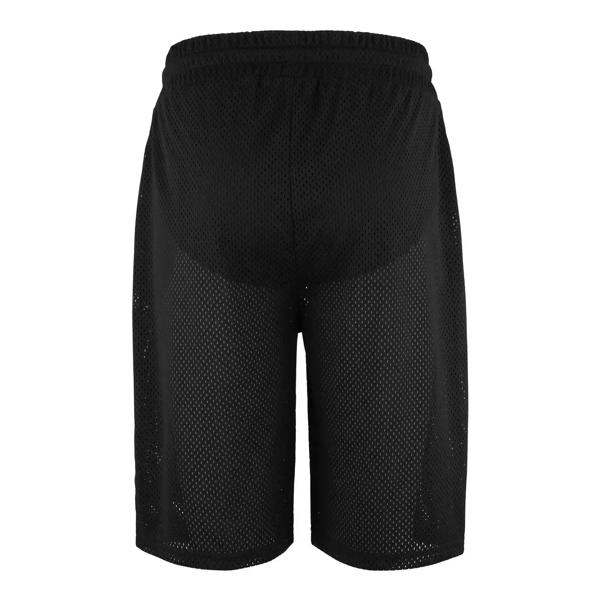 Die Allen Short aus Mesh von trueprodigy zeigt sich von hinten in Schwarz mit einem elastischen Bund und einer lockeren Passform für atmungsaktiven Komfort. Sie ist aus perforiertem Mesh-Gewebe auf einem schlichten weißen Hintergrund gefertigt.