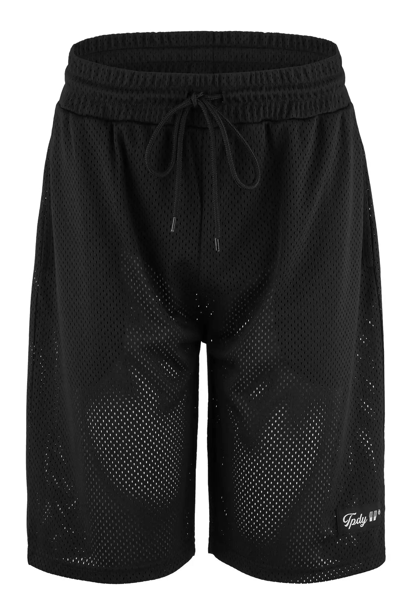Die trueprodigy Allen Short aus Mesh bietet eine entspannte Passform mit atmungsaktivem schwarzem Mesh, elastischem Bund, Kordelzug und einem dezenten Logo am linken unteren Bein - ideal für Komfort und sportlichen Schnitt.