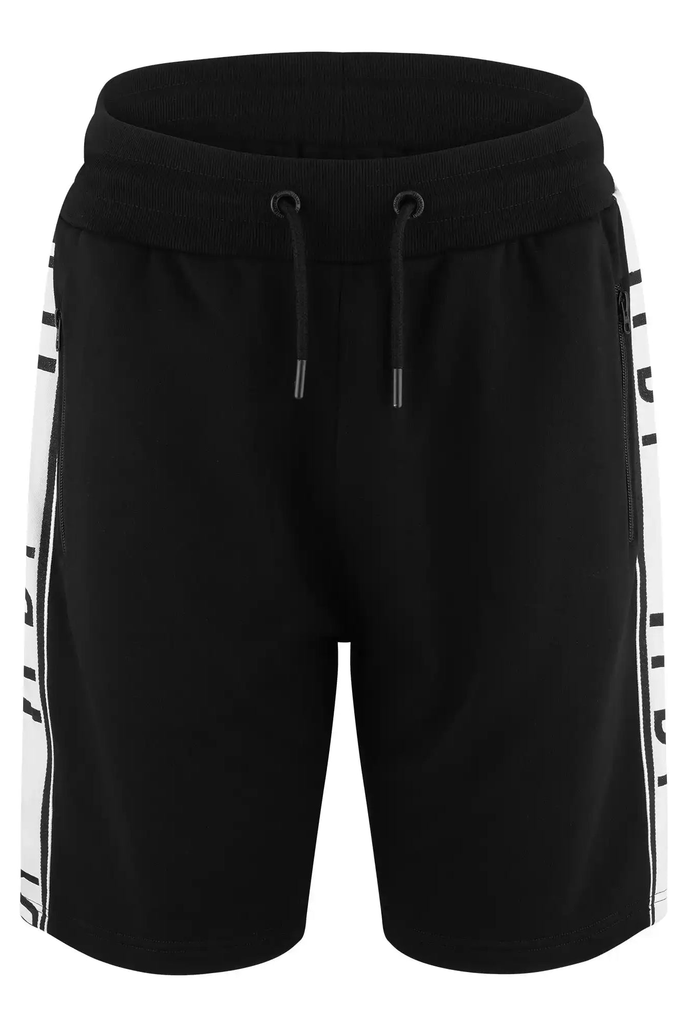 Die trueprodigy Benjamin Logo Short für Herren in Schwarz hat einen elastischen Bund, einen schwarzen Kordelzug und weiße Kontraststreifen mit teilweise sichtbarem schwarzen Text auf weißem Hintergrund.