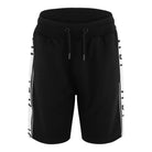 Die trueprodigy Benjamin Logo Short für Herren in Schwarz hat einen elastischen Bund, einen schwarzen Kordelzug und weiße Kontraststreifen mit teilweise sichtbarem schwarzen Text auf weißem Hintergrund.