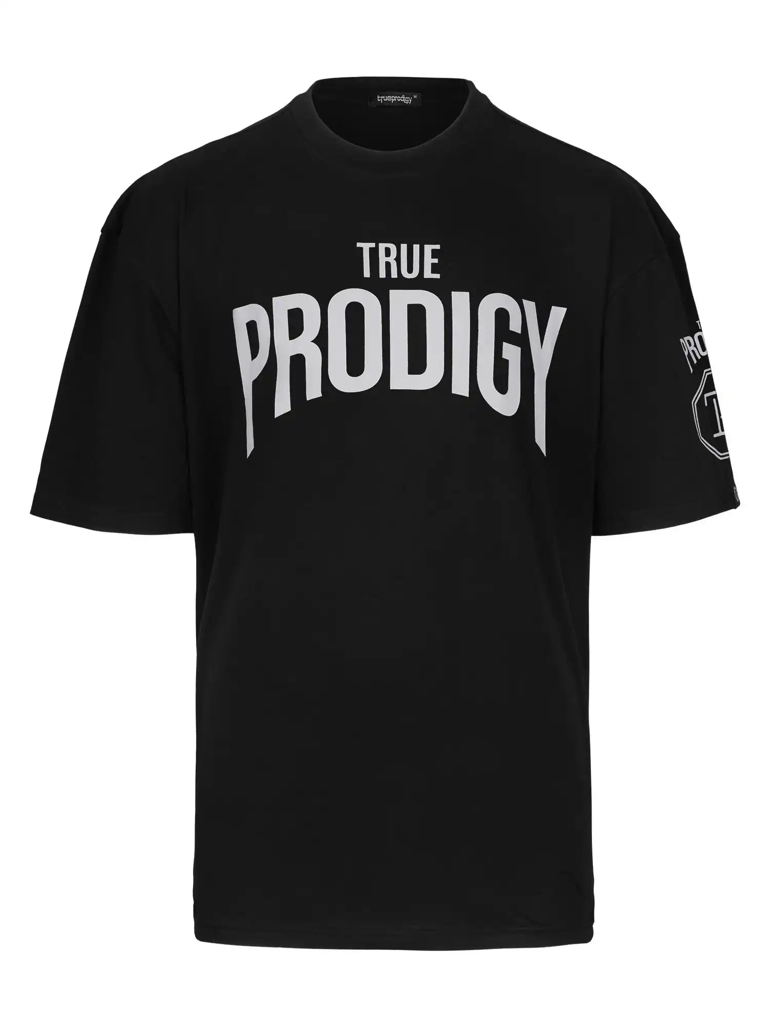 Ein schwarzes Adrian Oversized T-Shirt mit Druck von trueprodigy, mit fettem weißem "TRUE PRODIGY"-Print auf der Vorderseite und einem kleinen weißen Logo auf dem linken Ärmel, dargestellt vor einem schlichten weißen Hintergrund.