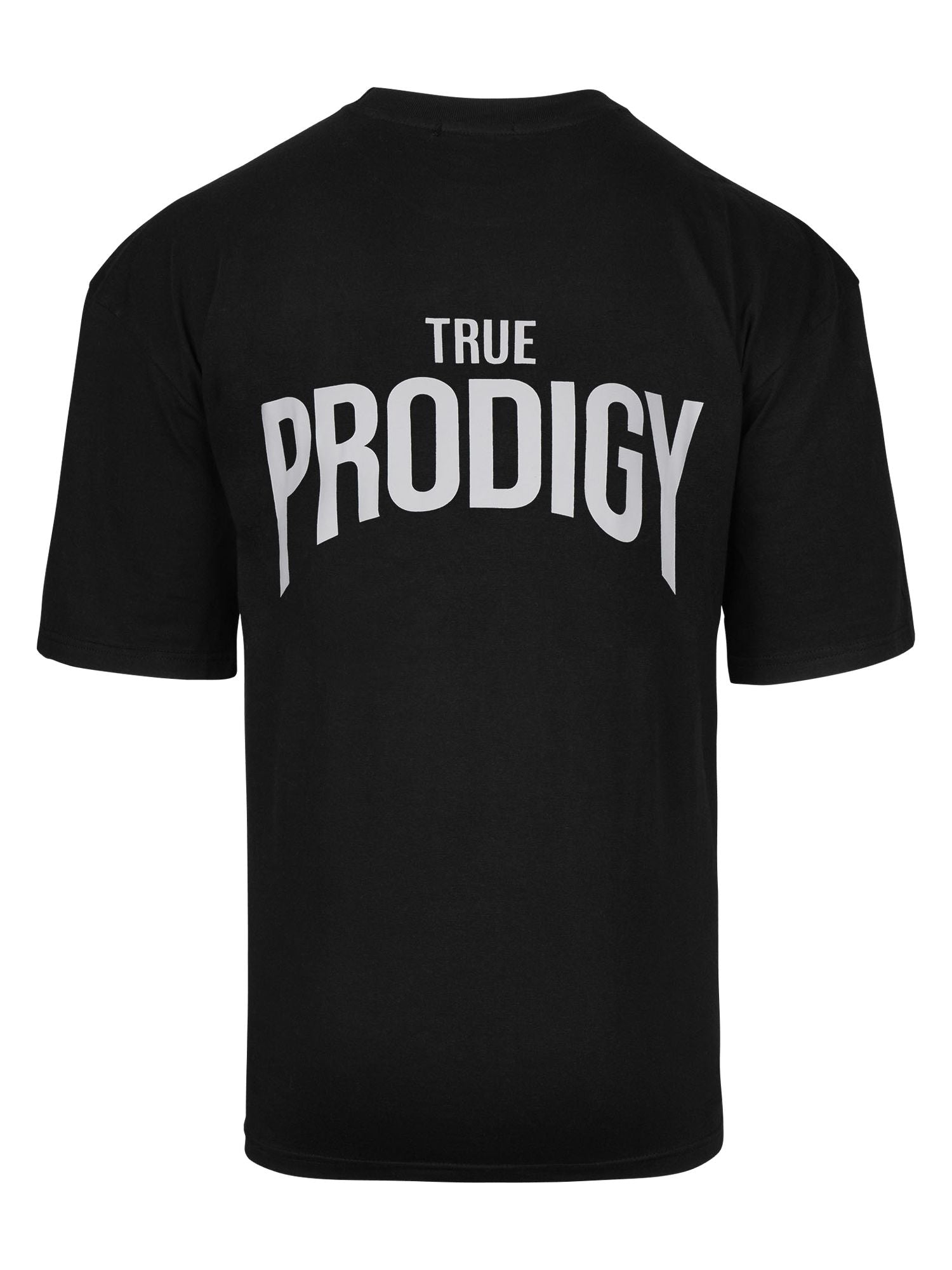 Das Jona Oversized T-Shirt mit Druck von trueprodigy ist ein schwarzes Unisex-T-Shirt aus schwerem Jersey mit kurzen Ärmeln und einem fetten weißen „TRUE PRODIGY“-Schriftzug auf der Rückseite vor einem schlichten weißen Hintergrund.