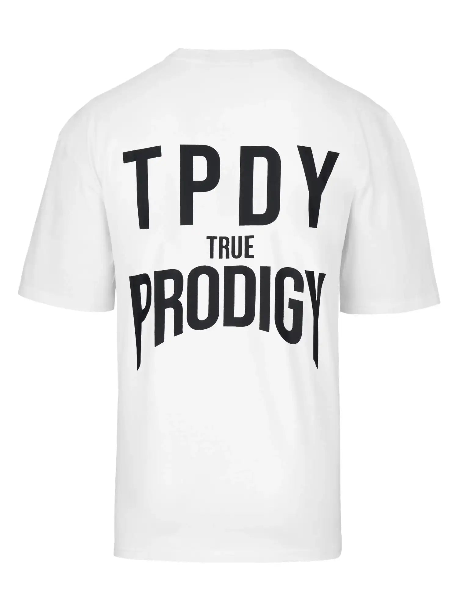 Das Robin Oversized T-Shirt mit Druck von trueprodigy ist ein weißes Unisex-T-Shirt aus schwerem Jersey mit schwarzem Text auf der Rückseite: TPDY oben, TRUE in der Mitte und PRODIGY in großen Buchstaben unten.