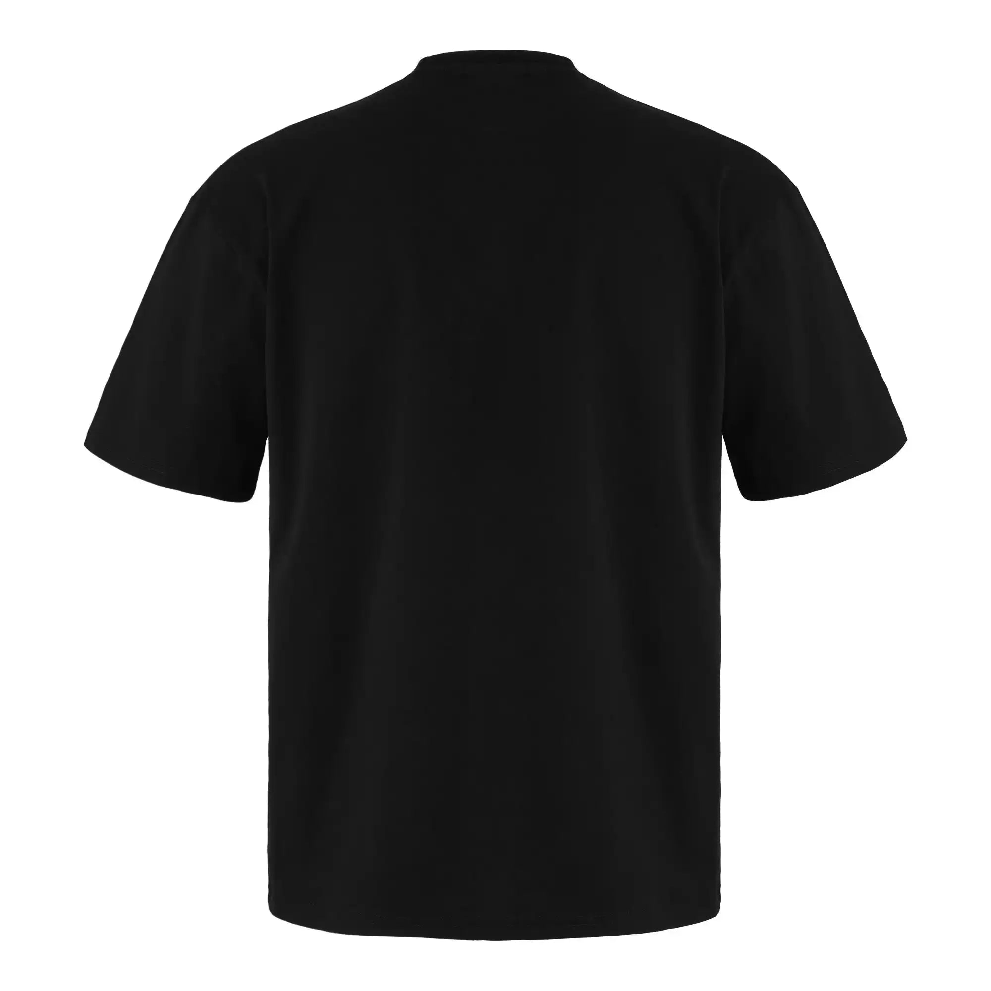 Das trueprodigy Oversized T-Shirt mit Druck wird von hinten gezeigt, flach auf weißem Hintergrund liegend. Dieses Unisex-T-Shirt besteht aus schwerem Jersey-Stoff in schlichtem Schwarz.