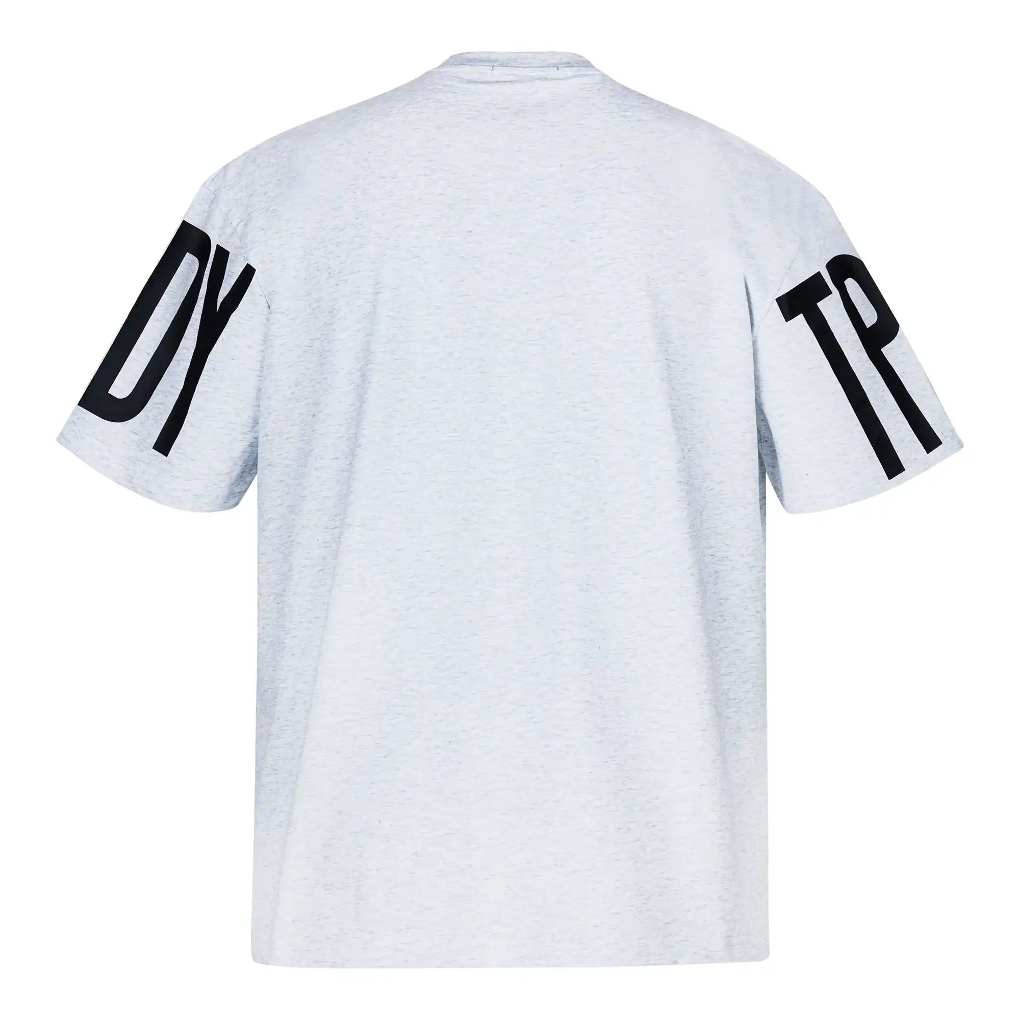 Das Viktor Oversize-Herren-T-Shirt von trueprodigy ist ein locker sitzendes, schweres Jersey-Shirt in Hellgrau. Es zeigt auf der Rückseite große schwarze DY- und TP-Prints auf den Ärmeln und verzichtet auf weitere sichtbare Designs.