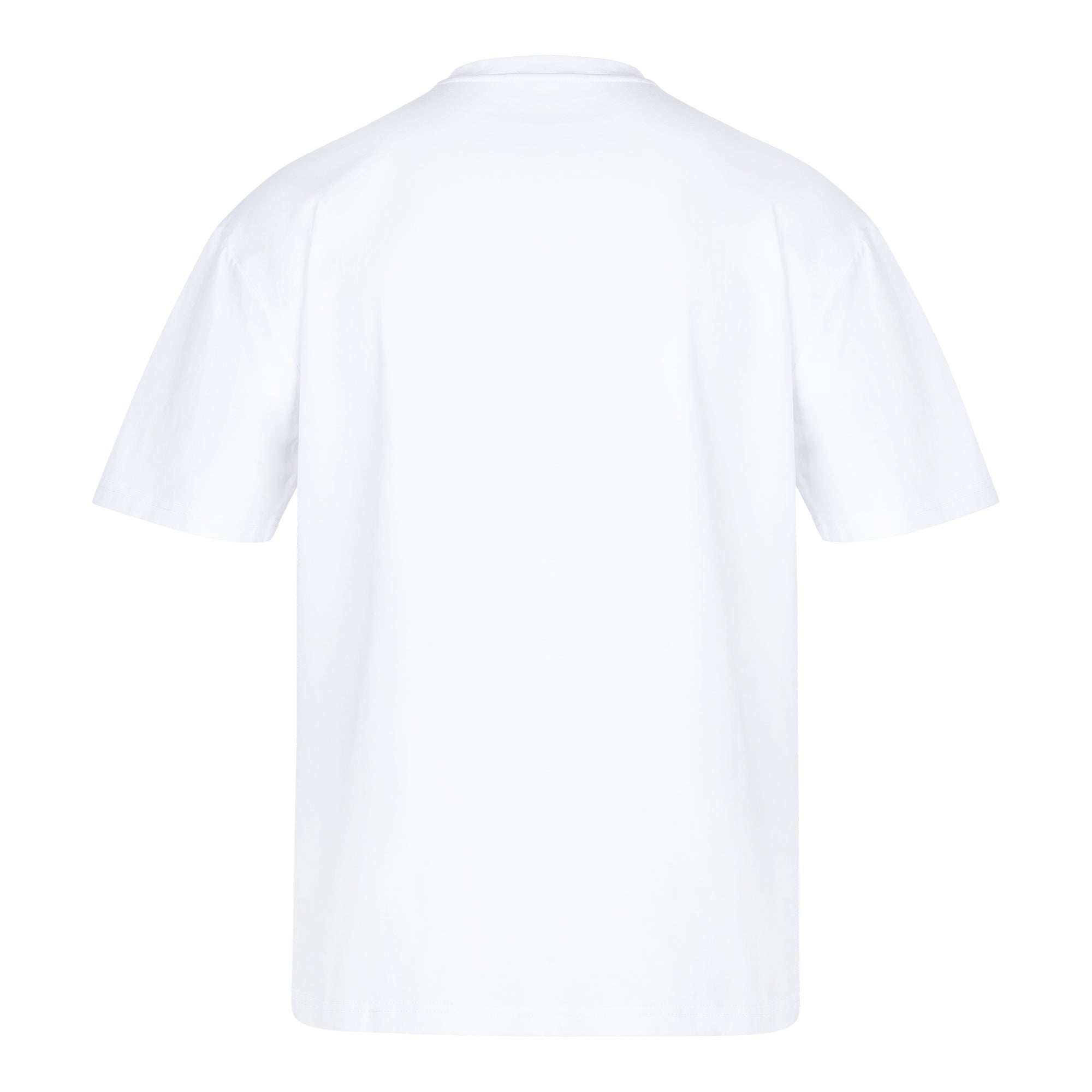 Rückansicht des schlichten weißen Unisex-T-Shirts Nika F von trueprodigy mit kurzen Ärmeln und rundem Ausschnitt aus schwererem Jerseystoff vor weißem Hintergrund.