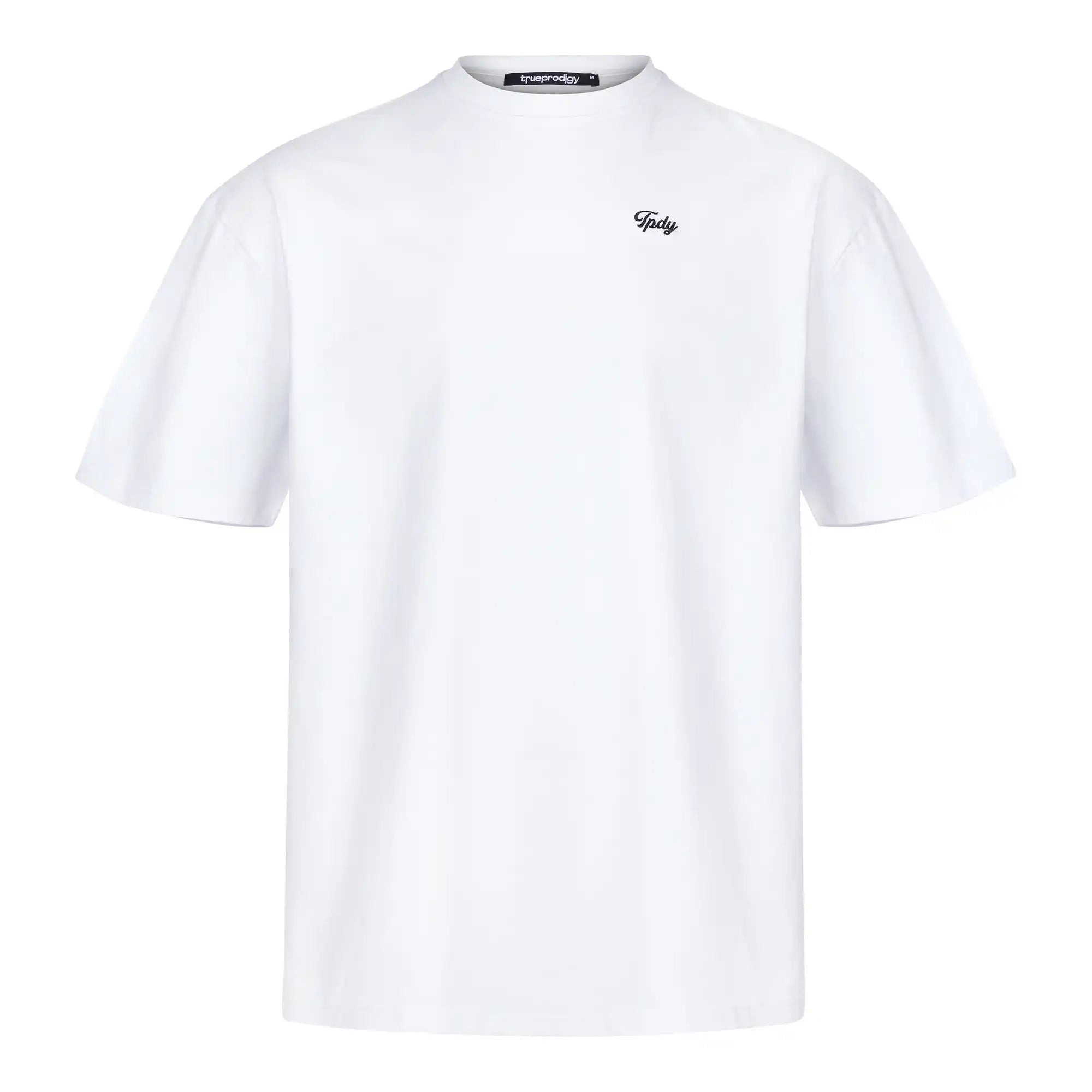 Das Damen Oversize-T-Shirt mit TPDY-Stickerei auf der Brust von trueprodigy besteht aus schwerem Jerseystoff, zeigt vorne links eine kleine schwarze "TPDY"-Stickerei und besitzt ein sichtbares Halslabel. Das Shirt ist vor weißem Hintergrund abgebildet.