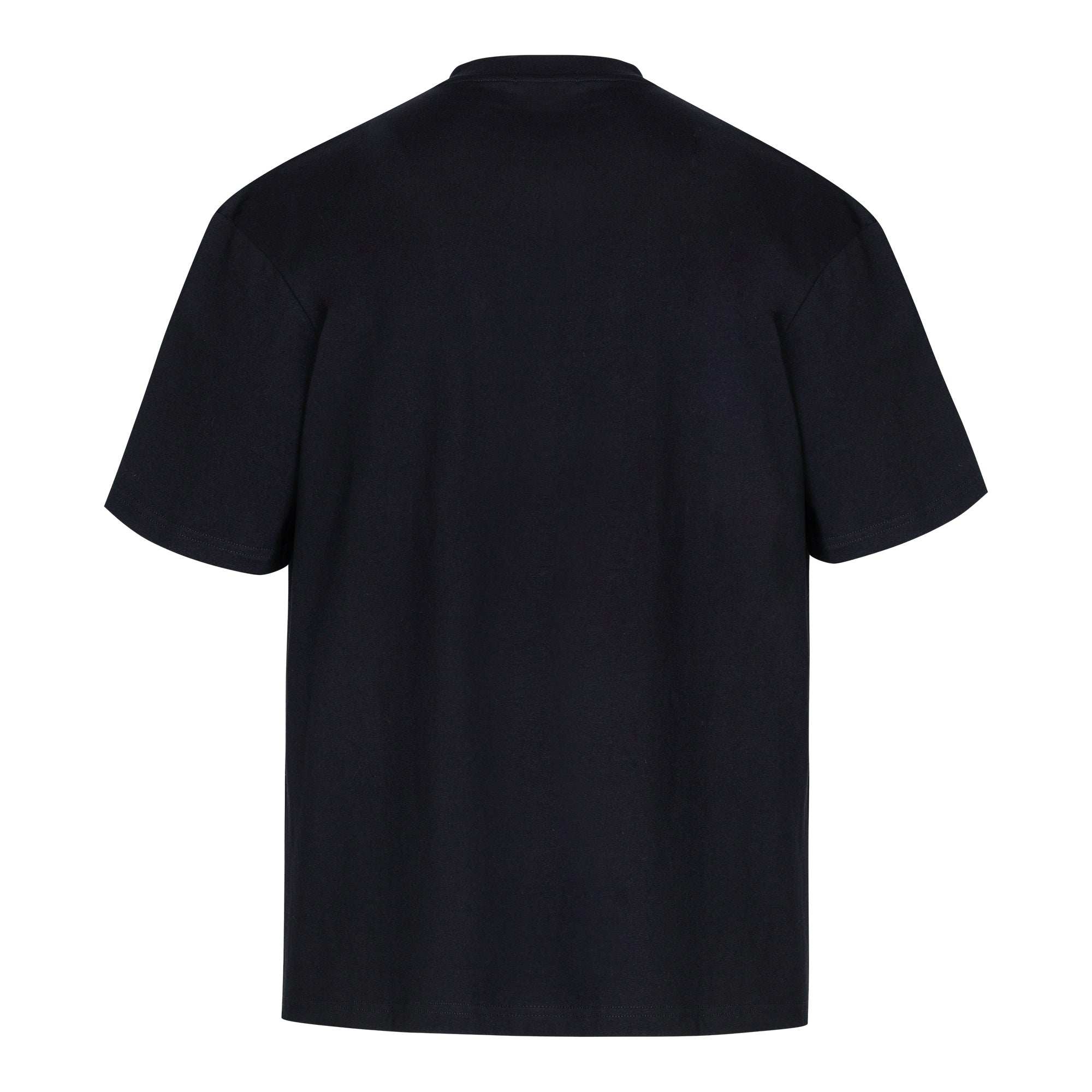 Das trueprodigy Ravi ist ein schlichtes schwarzes Unisex-Kurzarm-T-Shirt mit schlichtem Rundhalsausschnitt und geradem Saum. Der glatte Stoff und die lockere Passform sorgen für einen lässigen Oversize-Style, der von hinten gezeigt wird.