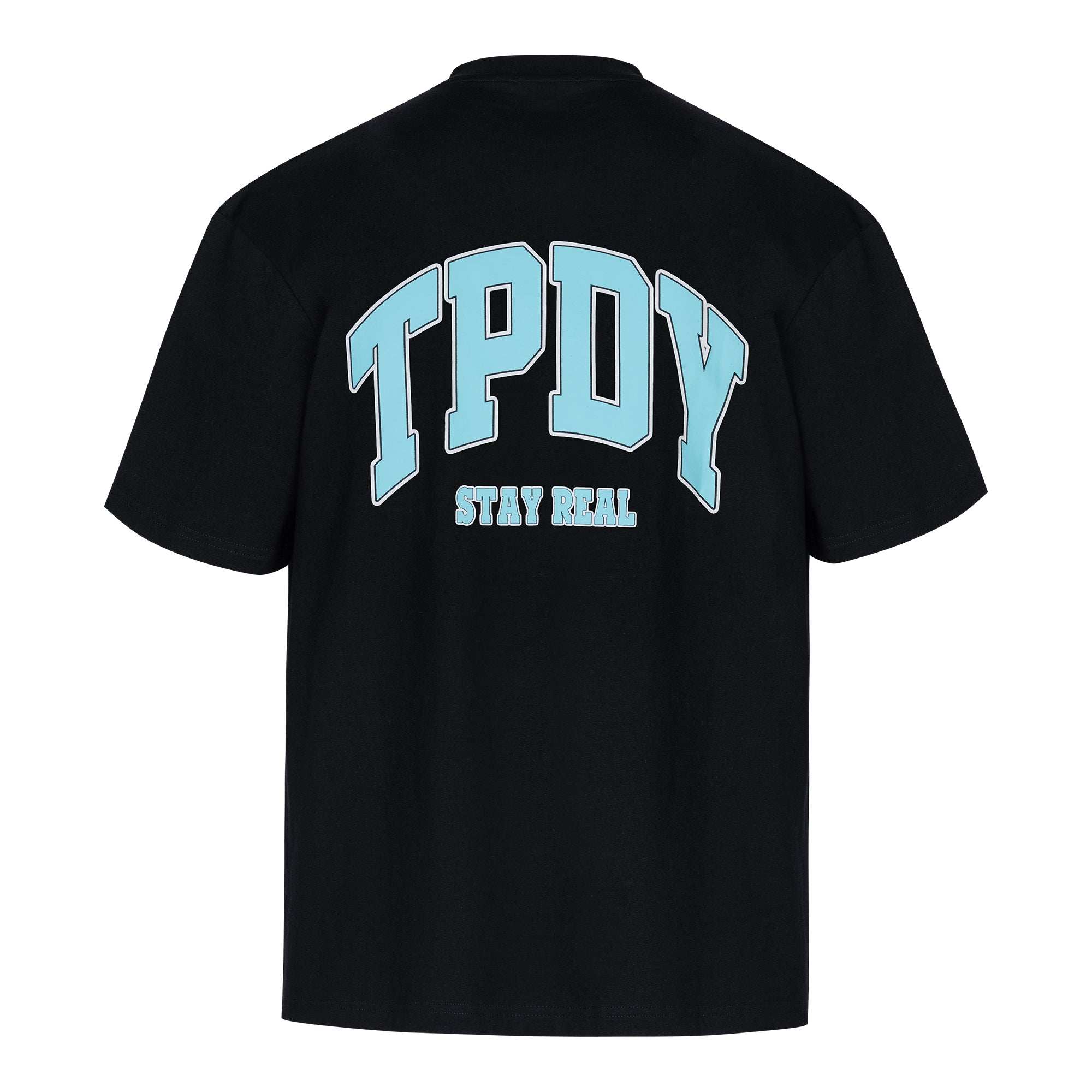 Das Arin F T-Shirt von trueprodigy ist ein übergroßes schwarzes Unisex-T-Shirt aus 100 % Baumwolle. Auf der Rückseite steht „TPDY“ in großen hellblauen Buchstaben, darunter „STAY REAL“ in kleineren weißen Buchstaben. So werden Stil und Komfort perfekt vereint.