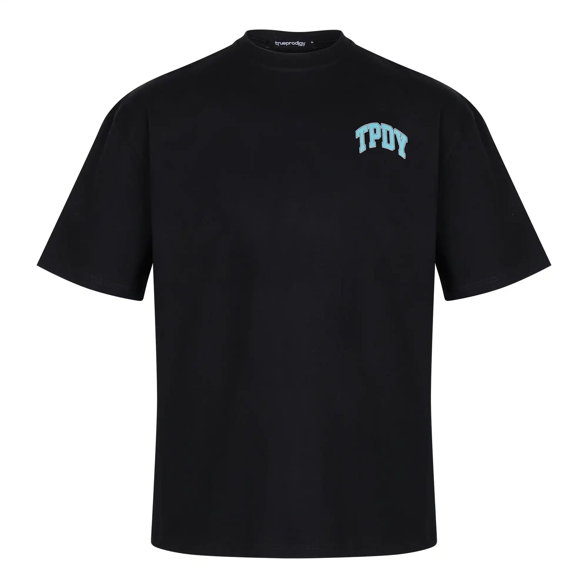 Das trueprodigy Oversize-Shirt mit TPDY-Logo & Rückenprint "Stay Real" ist ein schwarzes Unisex-T-Shirt aus schwerem Jerseystoff mit hellblauem "TPDY"-Logo auf der linken Brust; weißer Hintergrund.