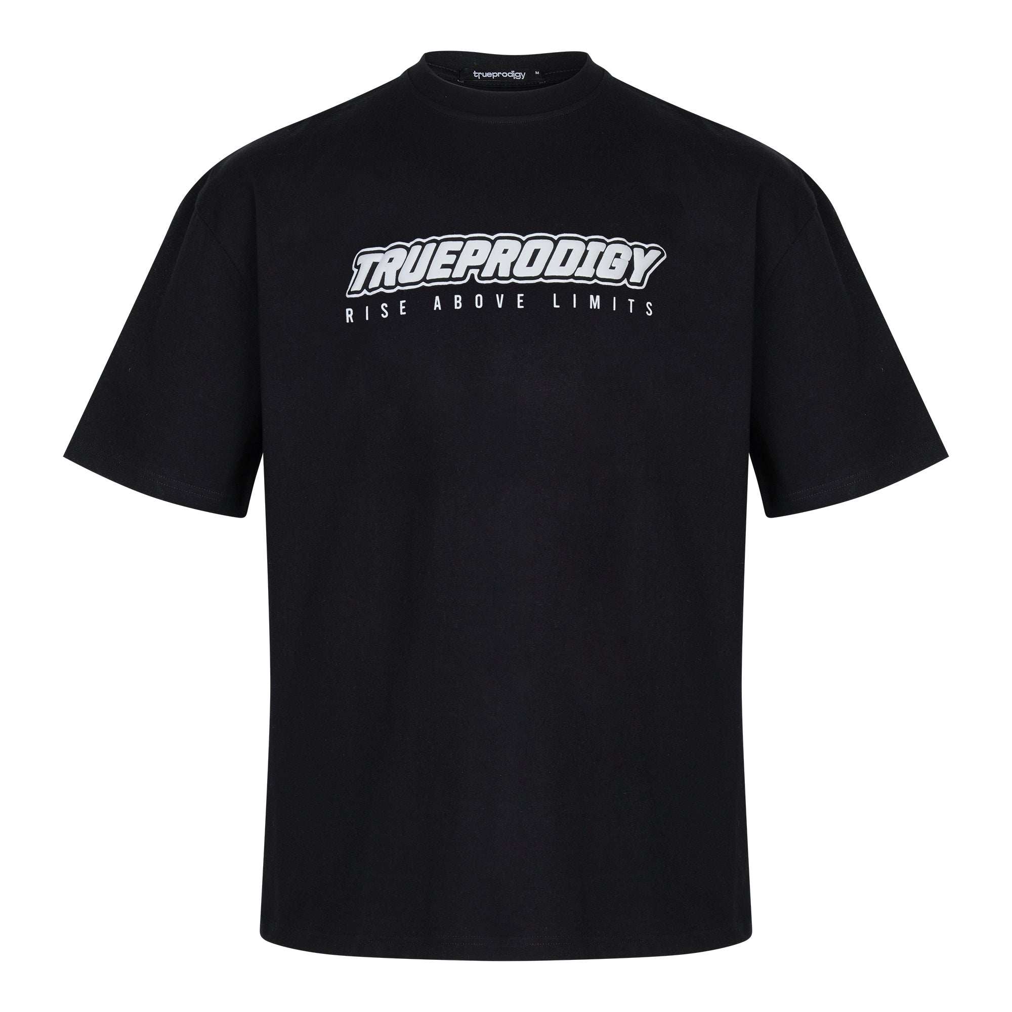 Das Toni F Unisex-T-Shirt von trueprodigy trägt auf der Vorderseite die auffälligen Schriftzüge „TRUEPRODIGY“ und „RISE ABOVE LIMITS“ in auffälligem Weiß. Dieses Oversize-Shirt vereint Statement-Style mit Komfort und ist die perfekte Ergänzung für jede Garderobe.