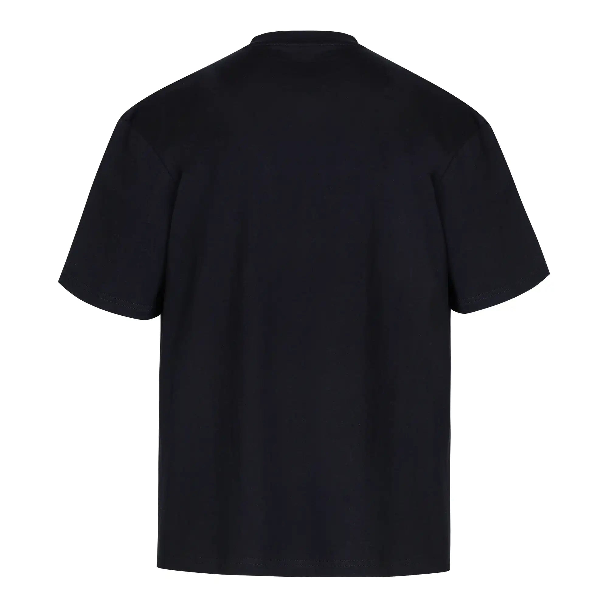 Ein trueprodigy Oversize-Herren-T-Shirt mit Logo-Smile-Grafik auf der Brust aus schwerem Jerseystoff wird von hinten vor weißem Hintergrund gezeigt. Das schlichte, schwarze Unisex-Modell präsentiert sich ohne sichtbare Muster oder Deko auf der Rückseite.