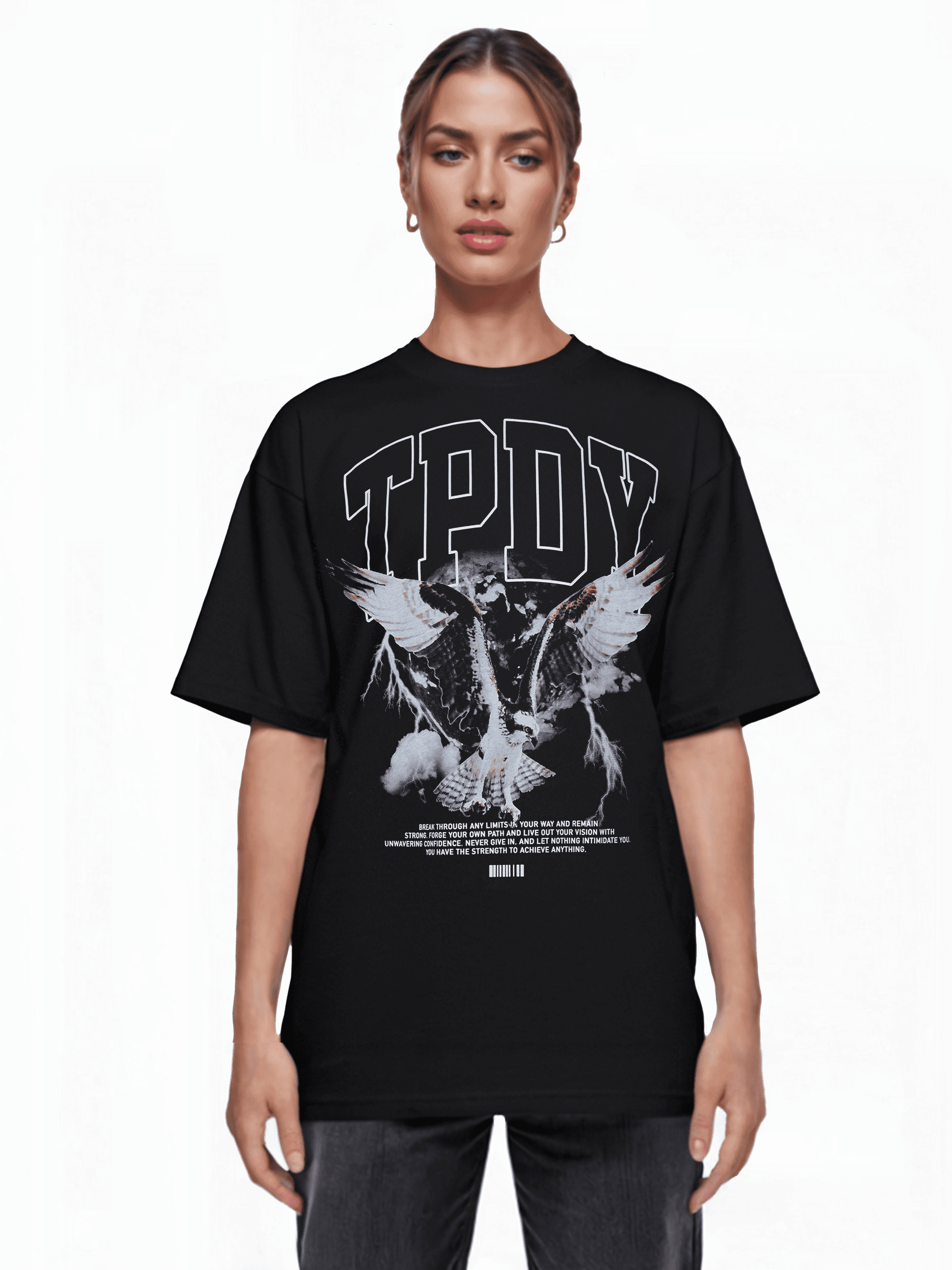 Das Unisex-T-Shirt „Yuki F“ von trueprodigy mit einem kunstvollen Vogel mit ausgebreiteten Flügeln steht vor einem schlichten weißen Hintergrund und präsentiert mühelos das auffällige Design.