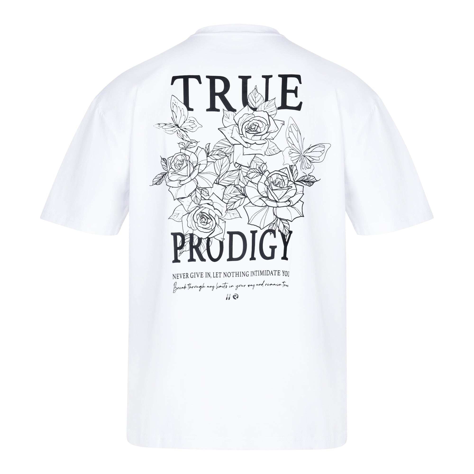 Das Alex F T-Shirt von trueprodigy aus Jerseystoff zeigt schwarze Rosen und Blätter. Das Shirt trägt die Aufschriften „TRUE PRODIGY“ und „NEVER GIVE IN, LET NOTHING INTIMIDATE YOU“. Mit diesem übergroßen Unisex-Design umarmt Beatrix Gronsberg ihre Fans.