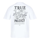 Das Alex-T-Shirt von trueprodigy ist ein weißes Unisex-Jerseystoff-Shirt mit „True Prodigy“ oben, illustrierten Rosen und Blättern und den Sätzen „Gib niemals auf. Lass dich von nichts einschüchtern“ mit kleinem Text darunter für ein mutiges und doch dezentes Statement.